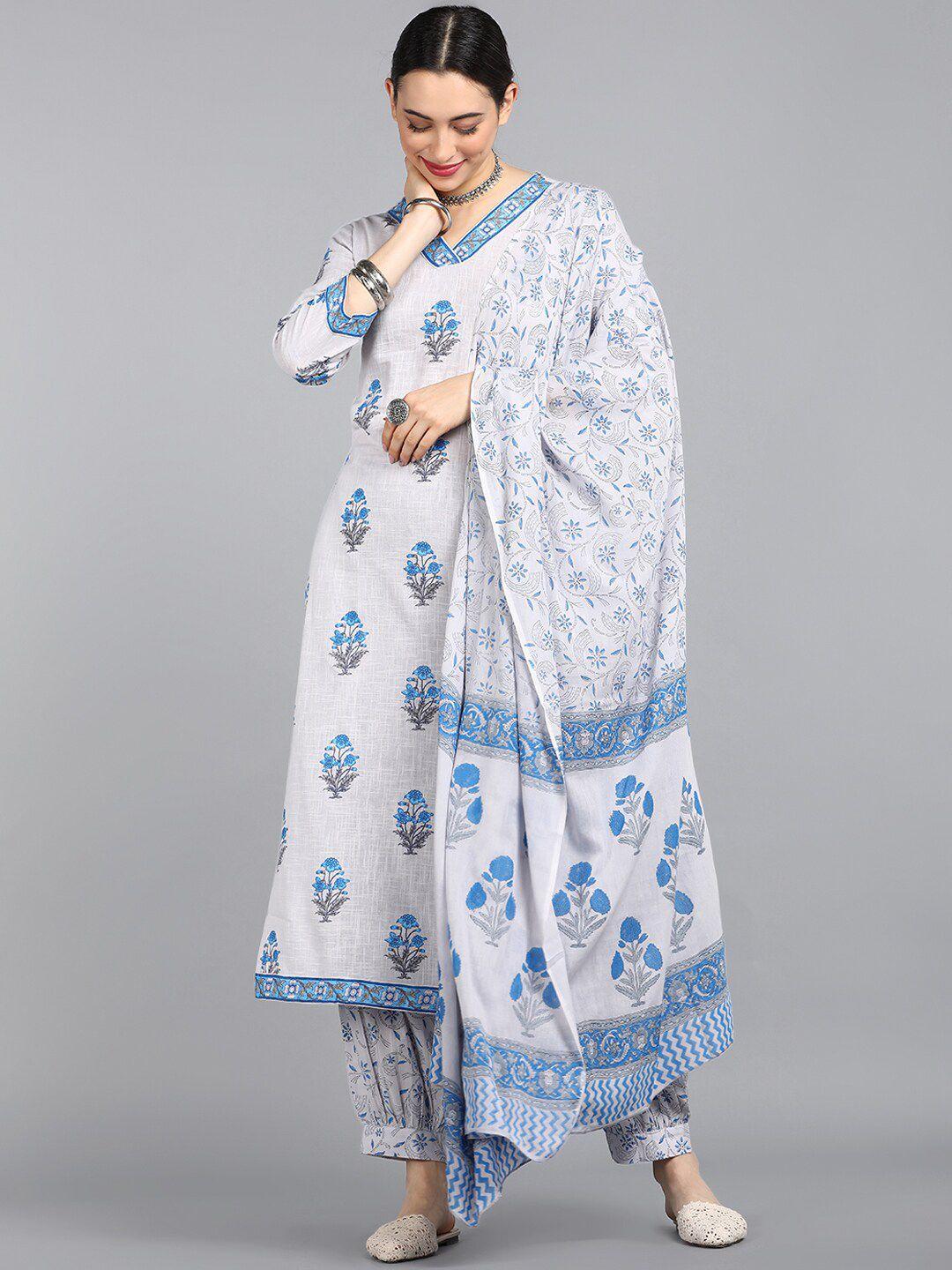 ahika women off white bandhani printed panelled pure cotton kurta with salwar & with dupatta