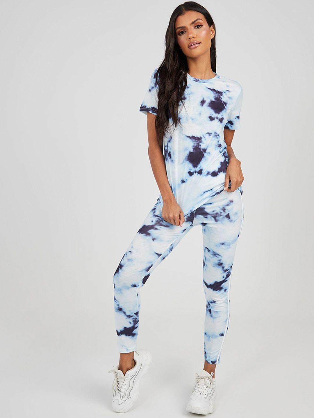 styli women blue & white tie & dye t-shirt & leggings co-ord set