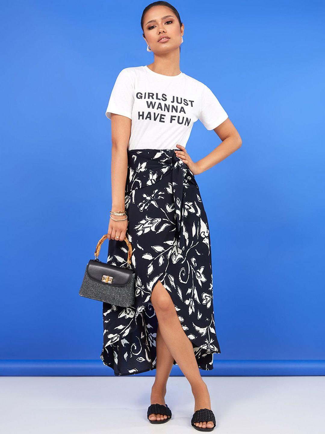 styli women black & white slogan print t-shirt and asymmetric hem maxi skirt co-ord set