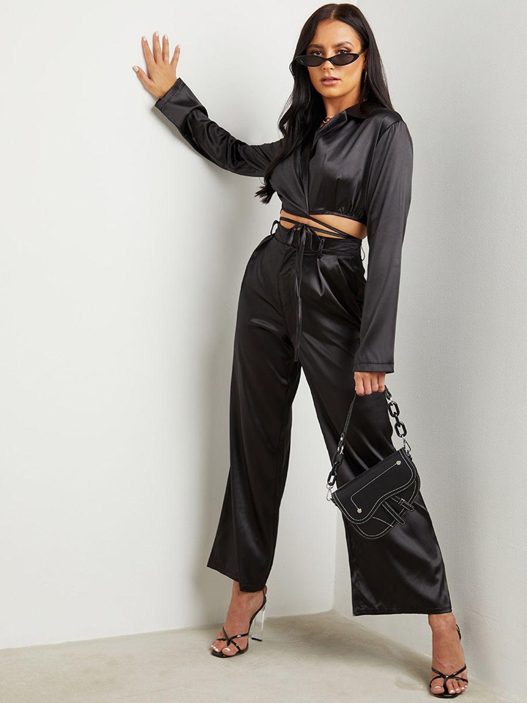 styli women black satin wrap top & wide leg pants co-ord set