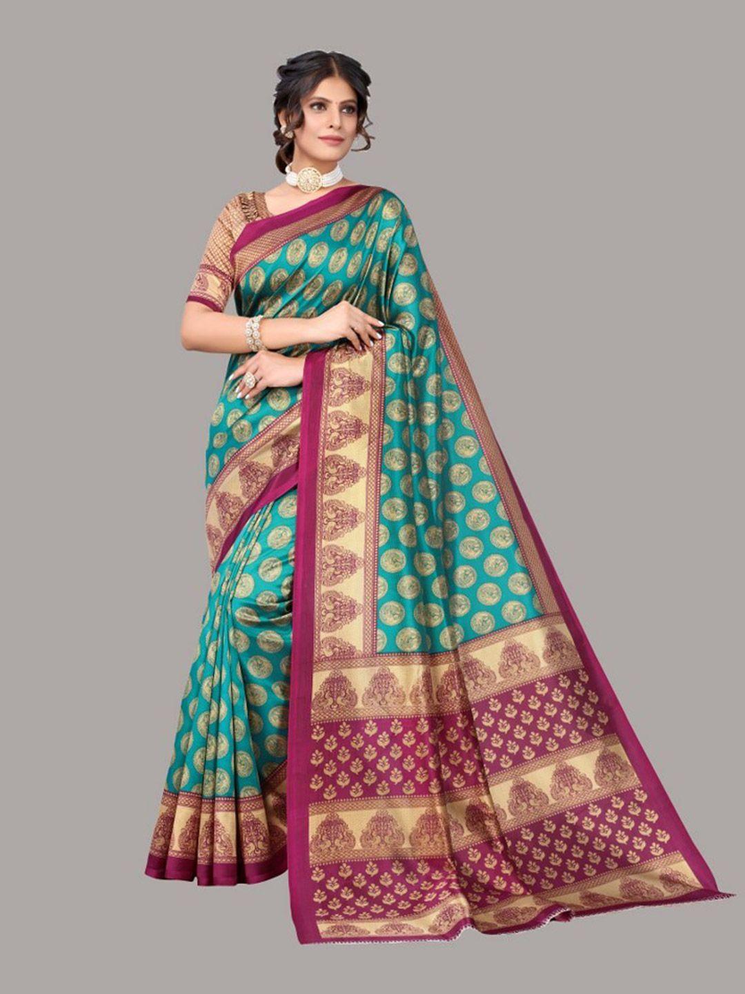 yashika teal & magenta floral art silk saree