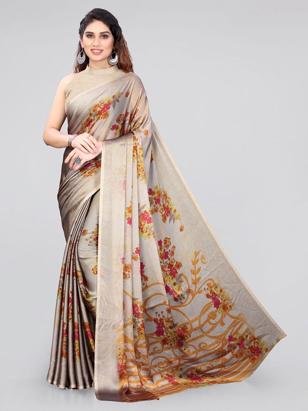 mirchi fashion taupe & yellow floral saree