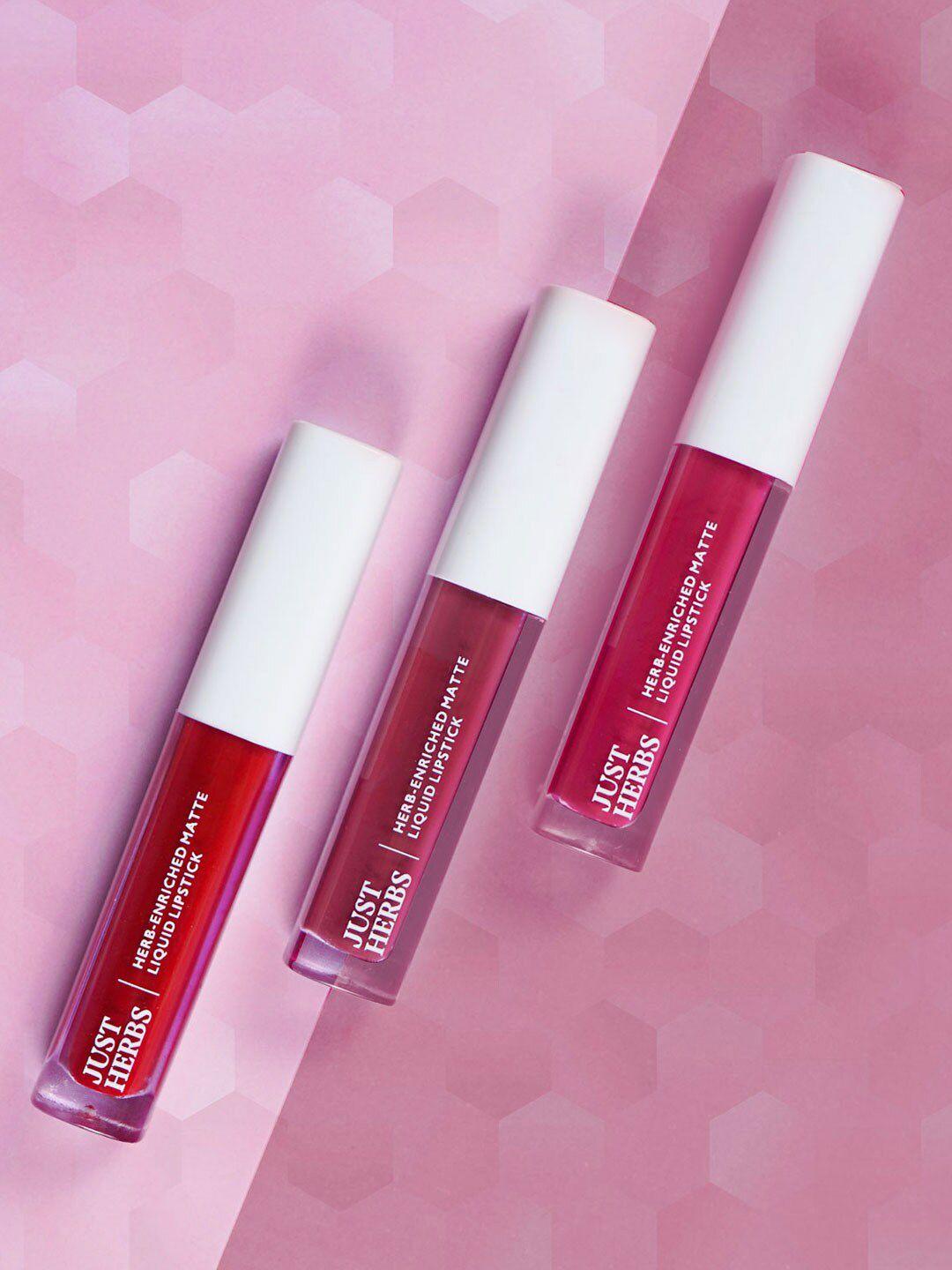 just herbs set of 3 matte liquid lipstick 6 ml-hibiscus red,peony pink & beetroot burgundy