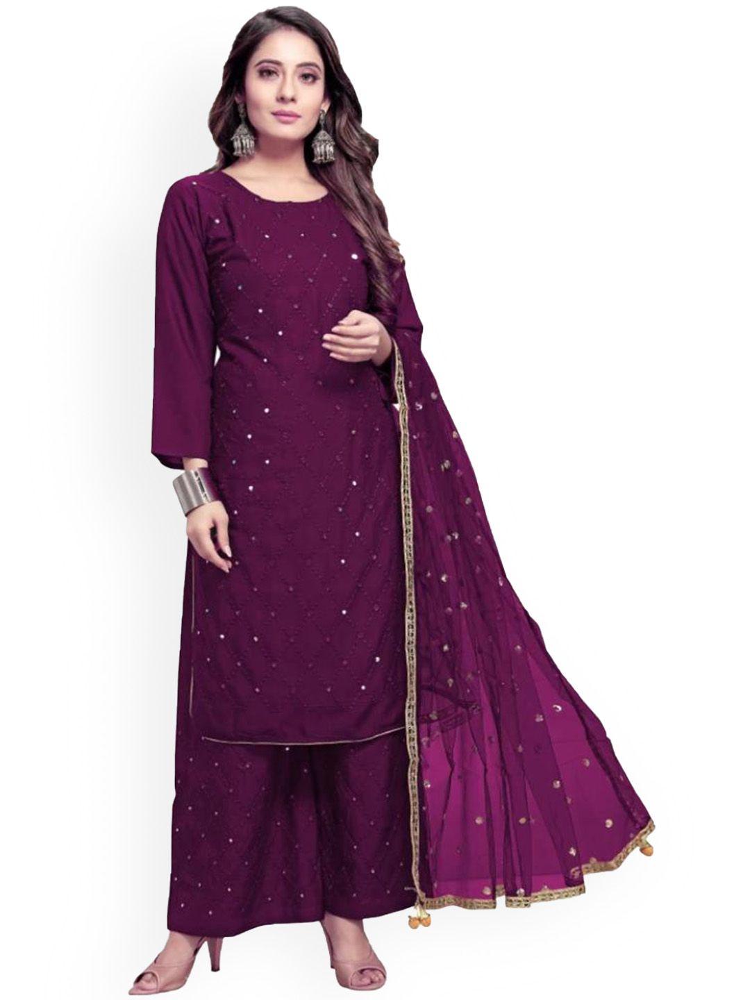 queenswear creation women purple ethnic motifs embroidered kurta with palazzos & with dupatta