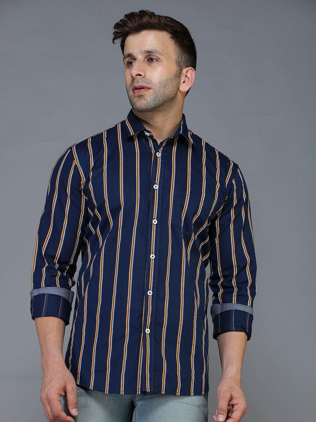 tqs men navy blue standard striped casual shirt