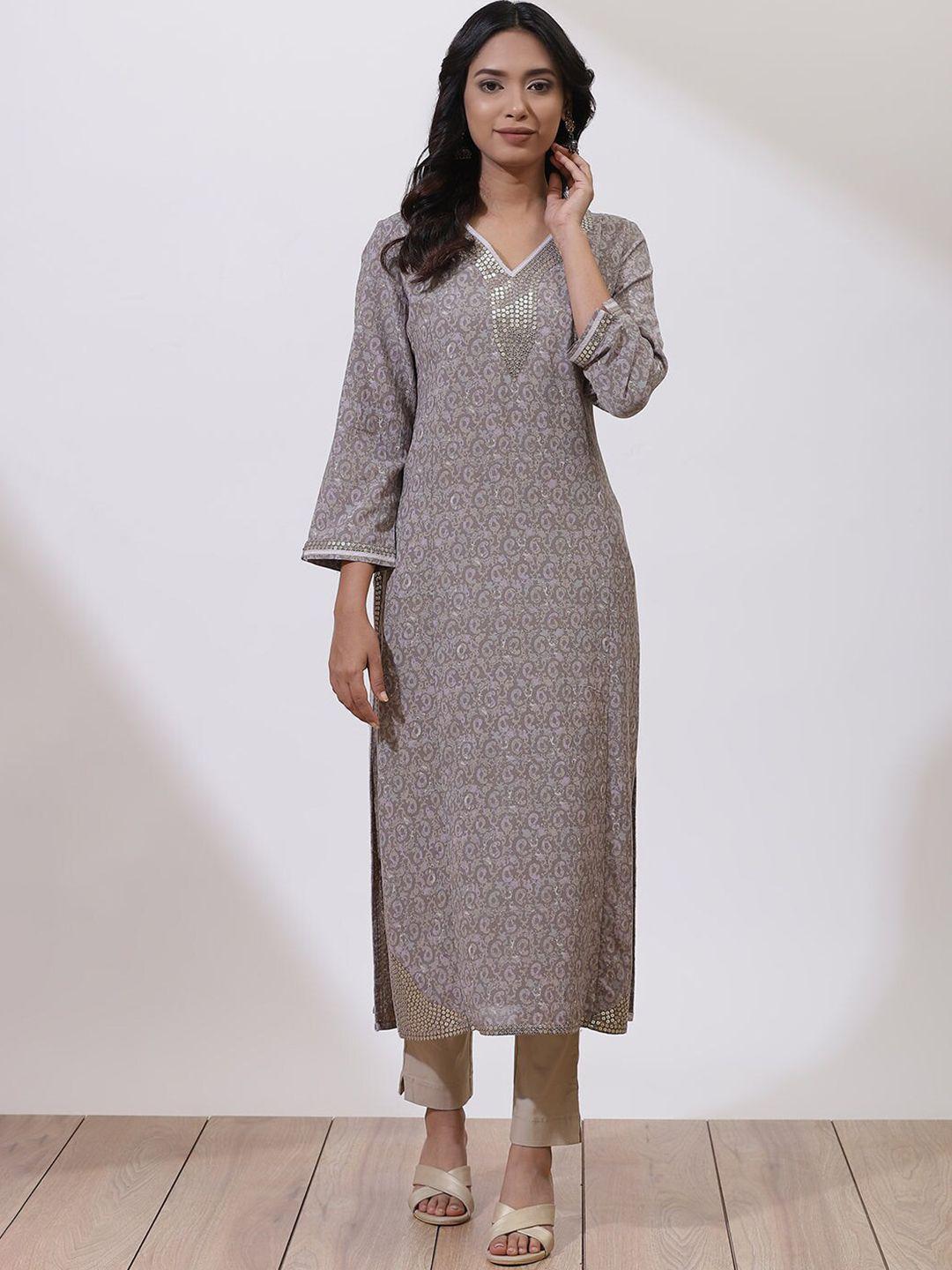 lakshita women grey ethnic motifs embroidered thread work kurta