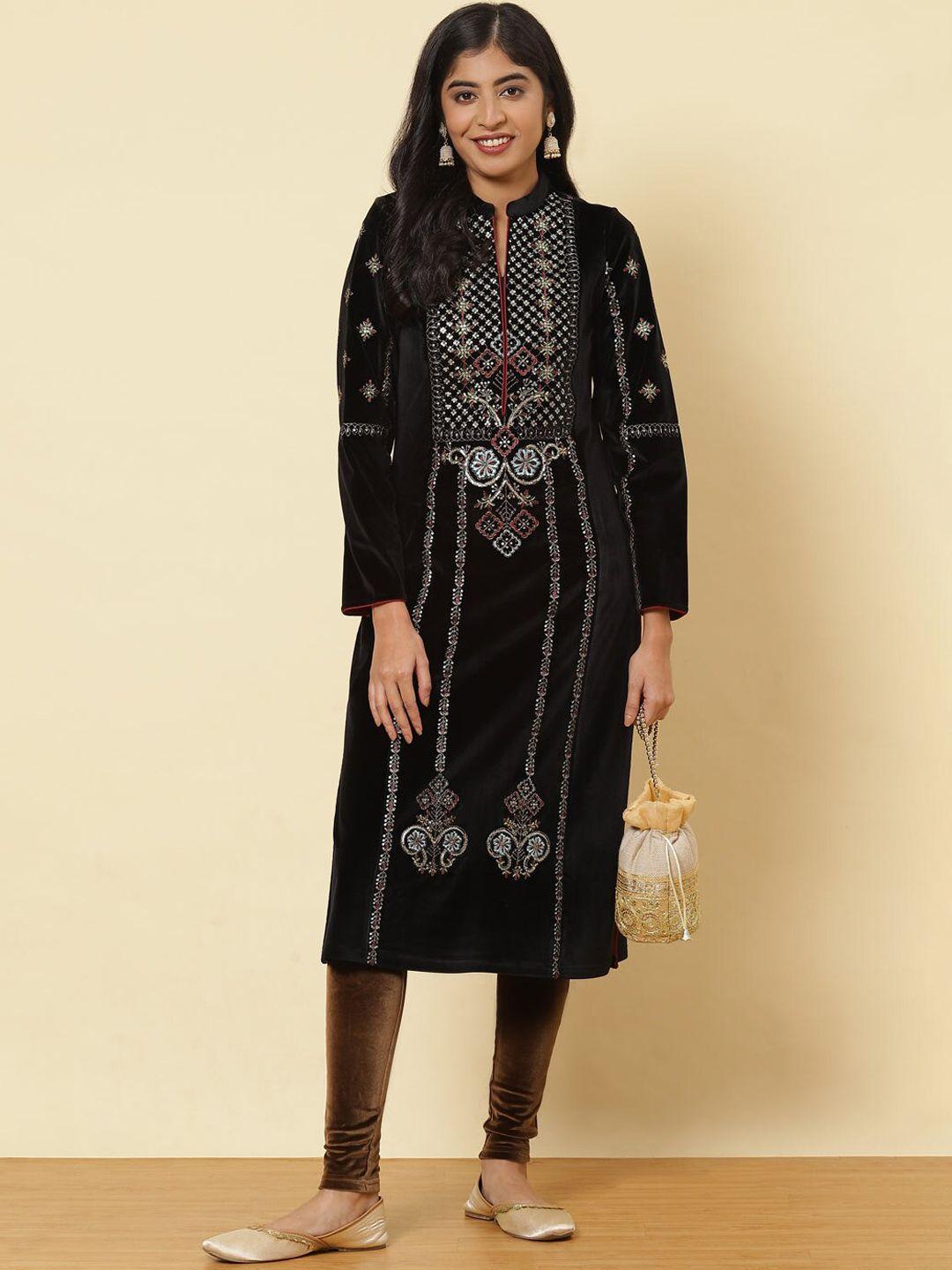 lakshita women black & licorice floral printed velvet kurta