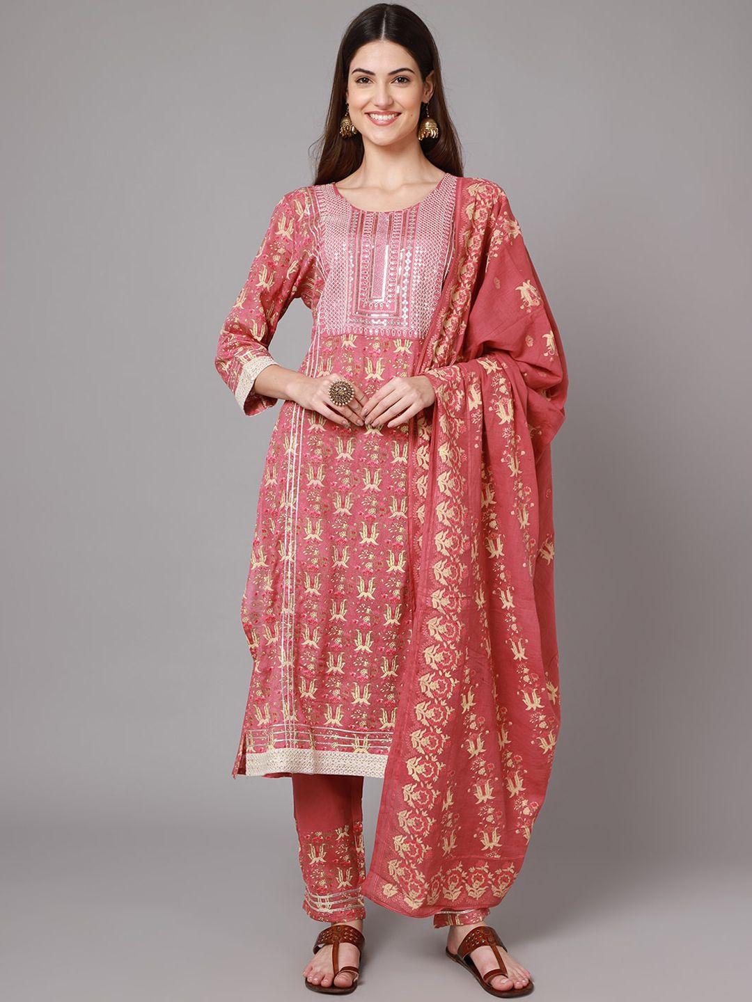 anaisa women pink ethnic motifs printed empire sequinned kurta with trousers & with dupatta