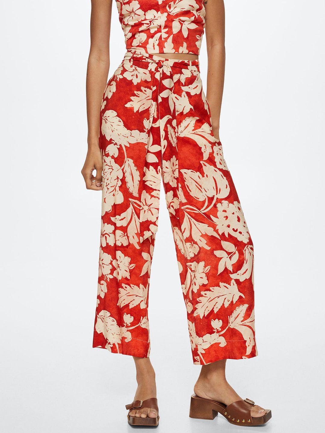 mango women red & cream floral printed high-rise pleated culottes trousers