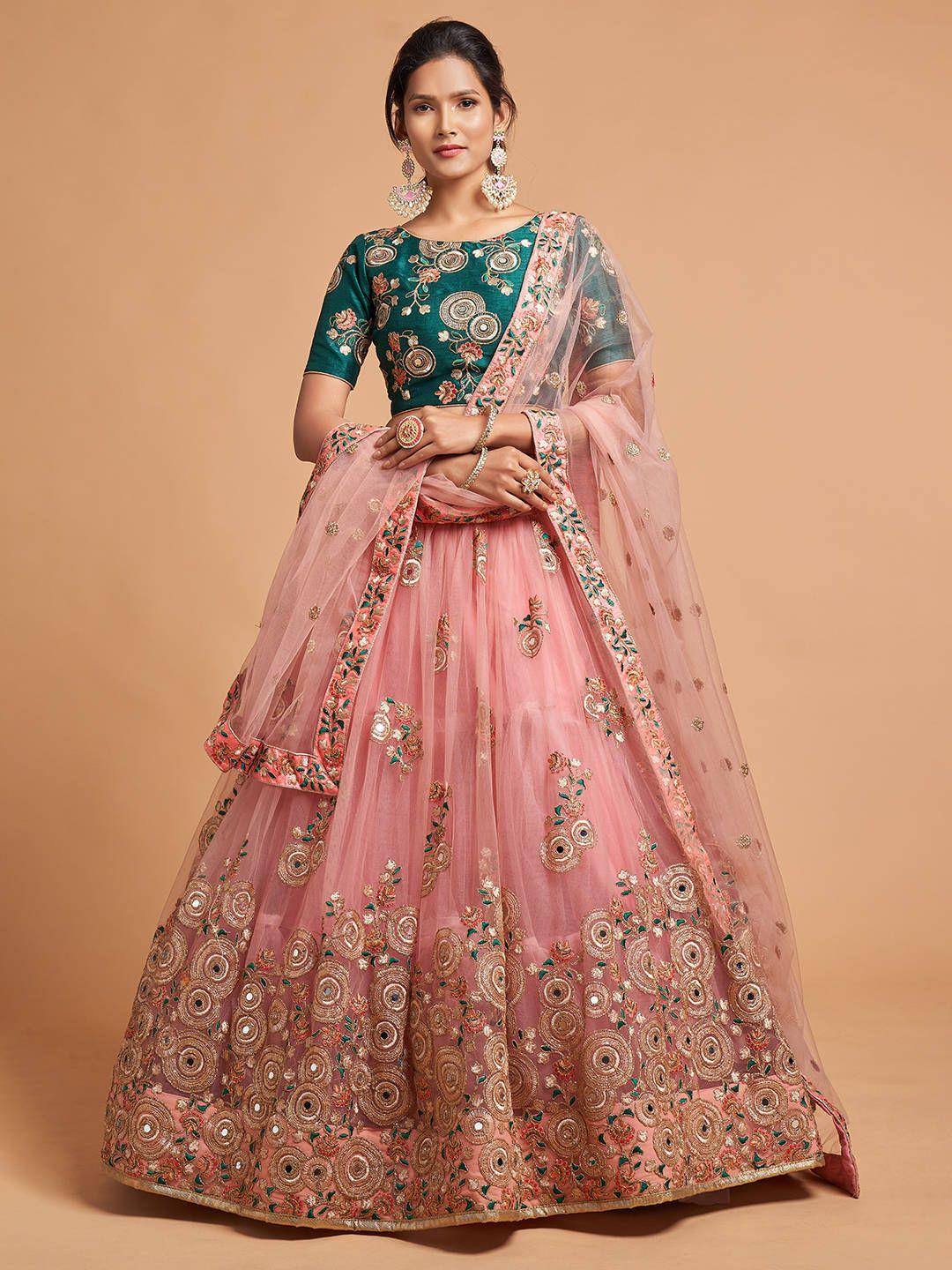 fabpixel peach-coloured & green embroidered mirror work kalamkari semi-stitched lehenga & unstitched blouse