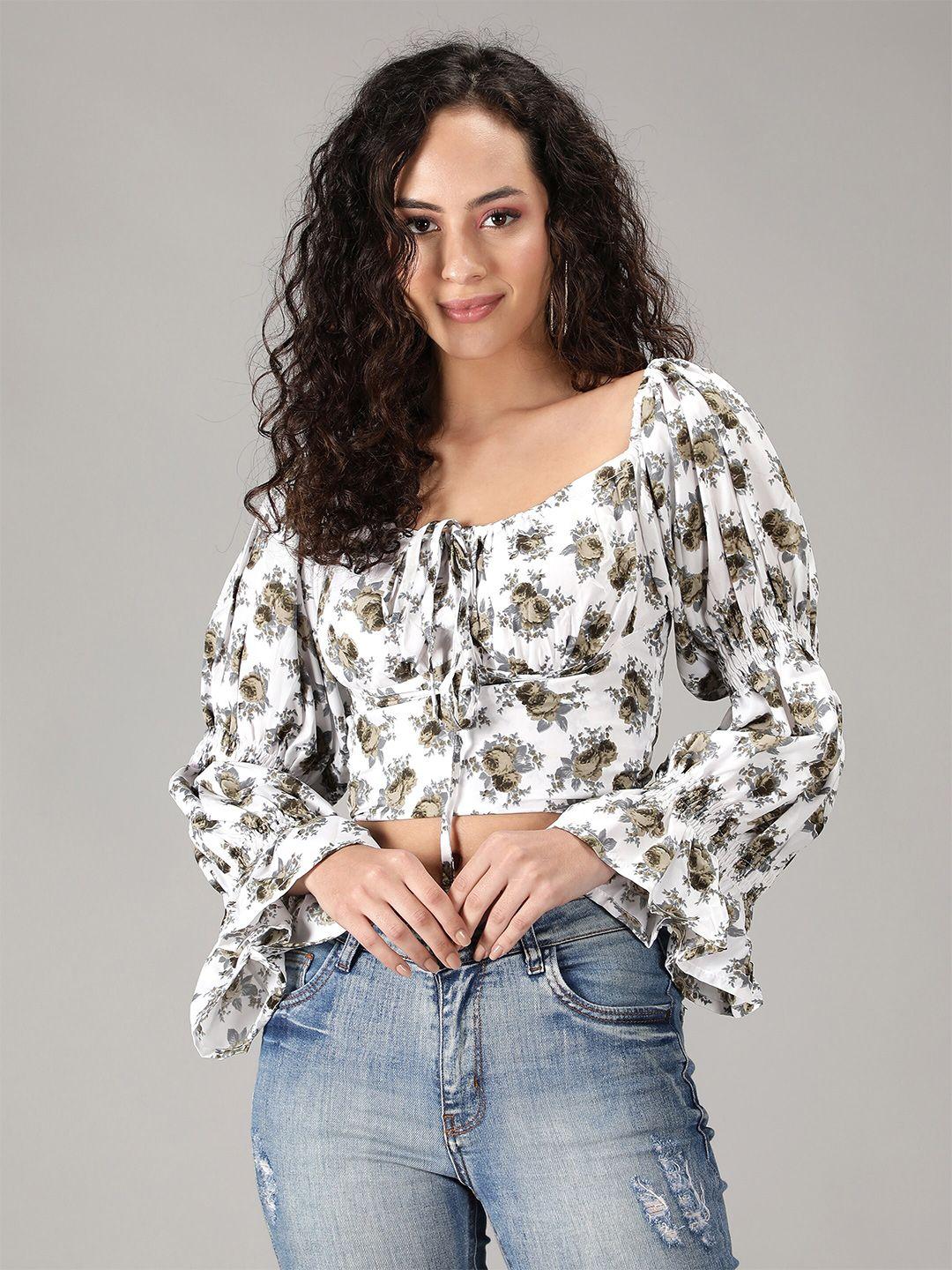 smisingbee white floral print tie-up neck top