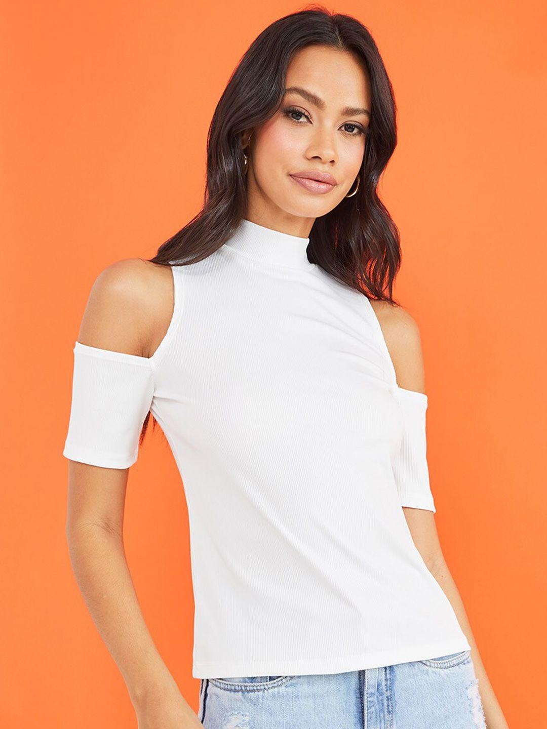 styli white cold shoulder high neck rib fitted t-shirt