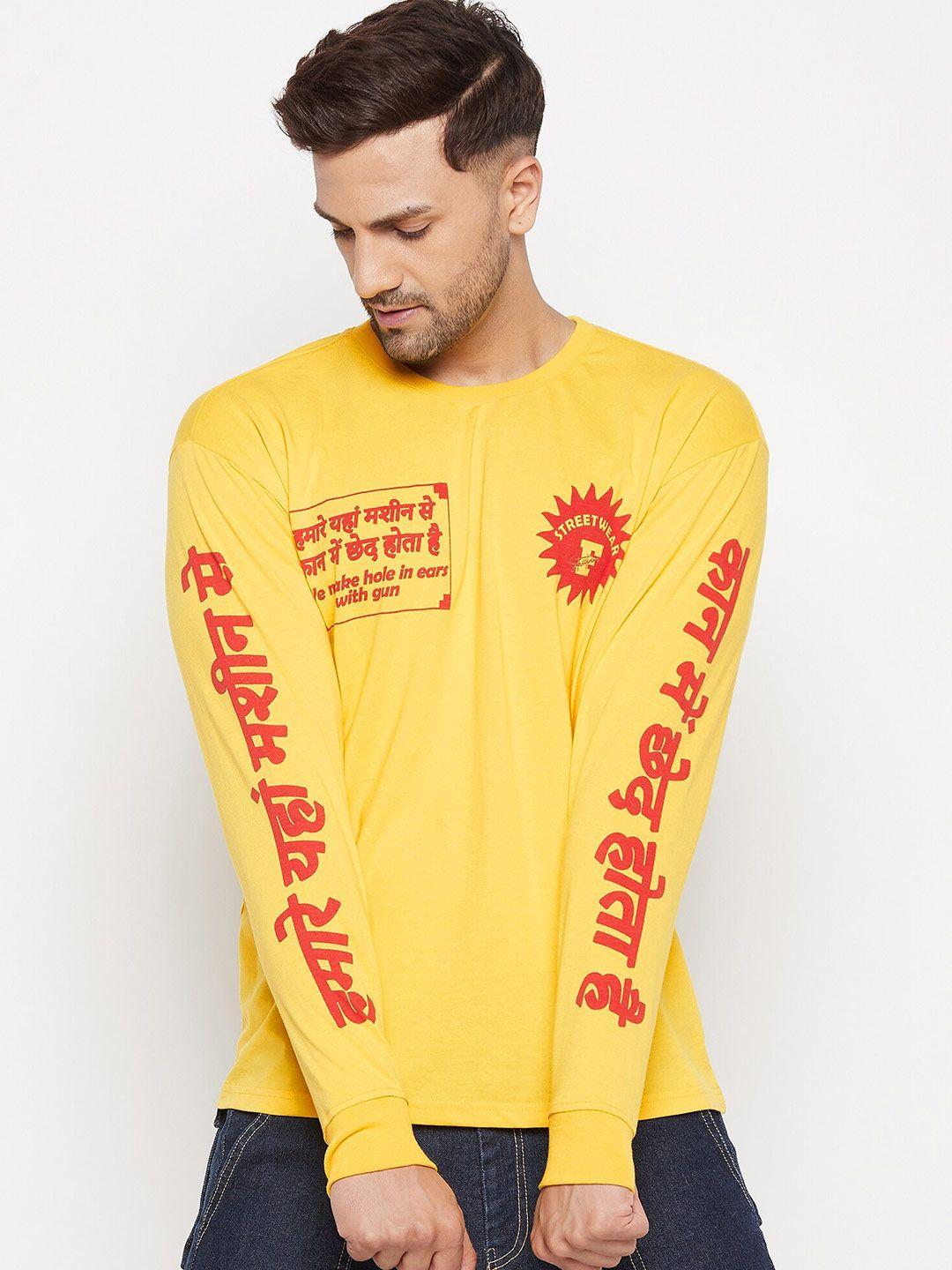 fugazee men yellow & red typography printed loose t-shirt