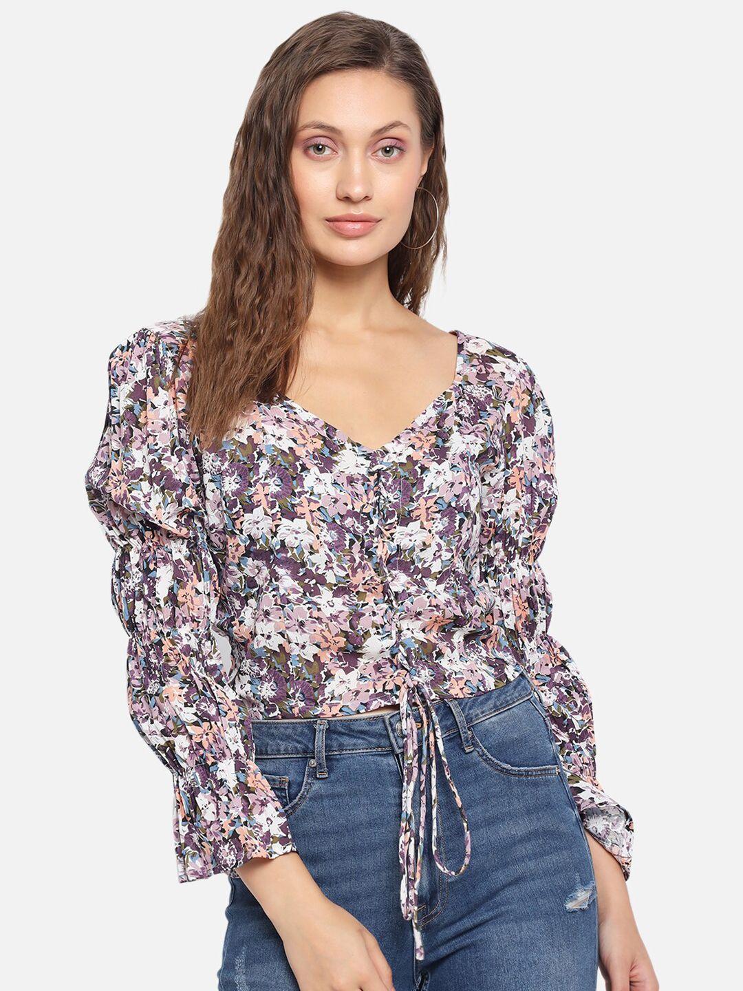 trend arrest purple & pink floral print drawstring top