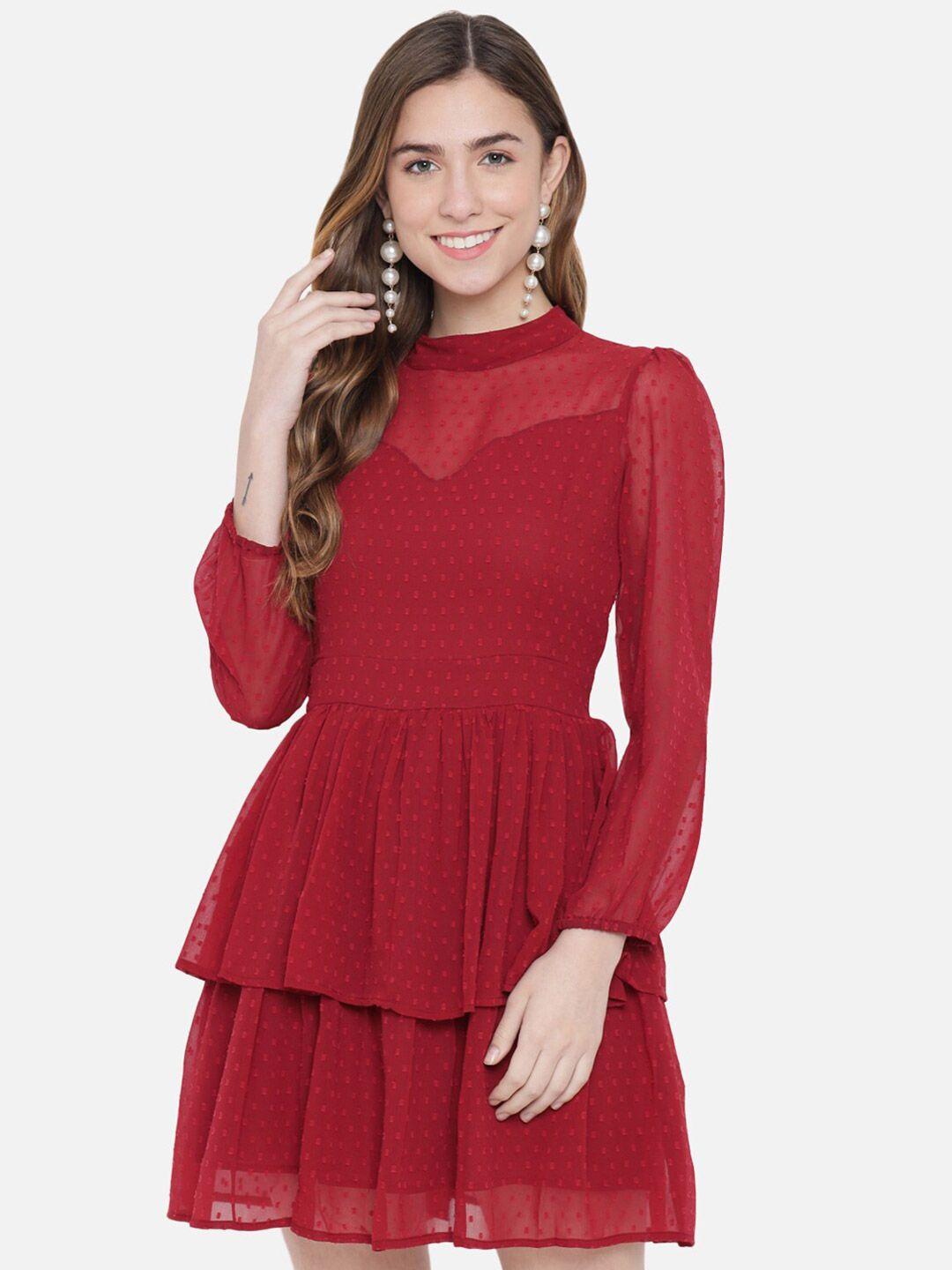 trend arrest maroon self designed layered georgette dress