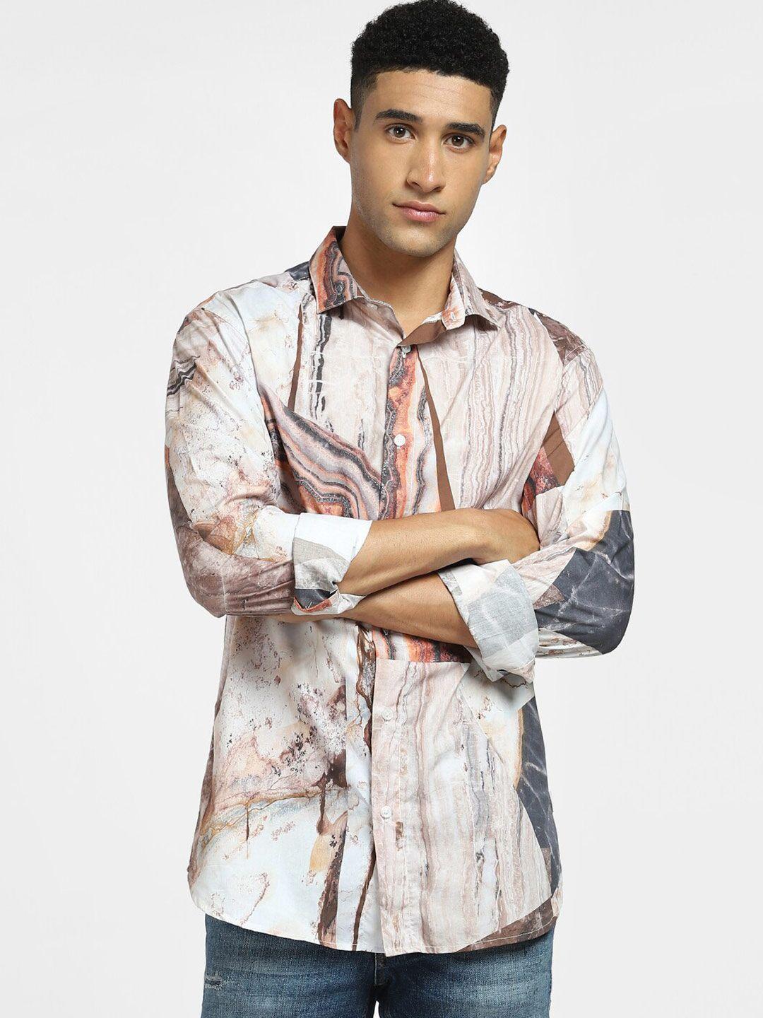 jack & jones men brown & grey abstract printed cotton casual shirt