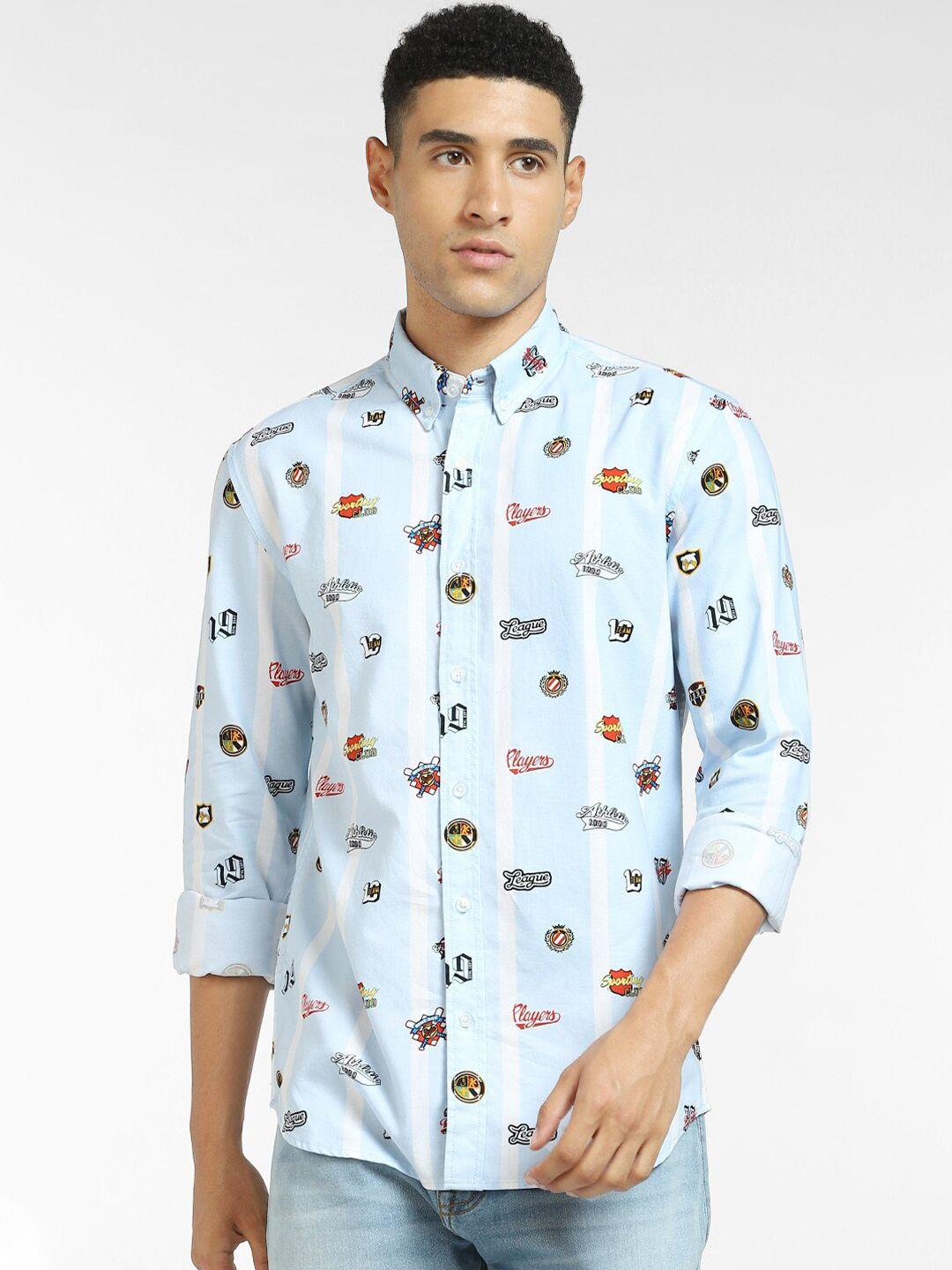 jack & jones men blue regular fit printed cotton casual shirt