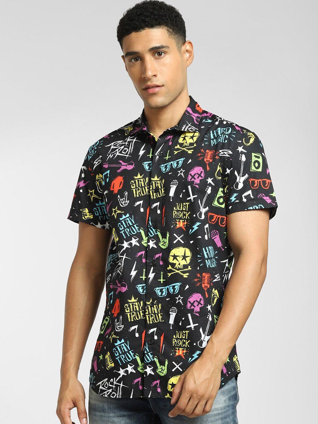 jack & jones men black floral printed casual shirt