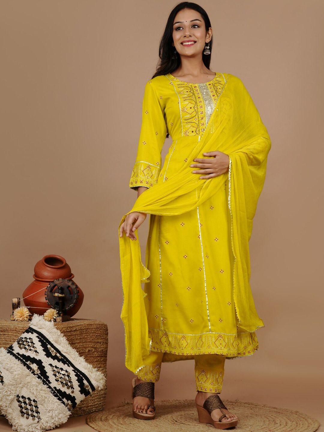 unisets women yellow ethnic motifs embroidered kurta with trousers & dupatta