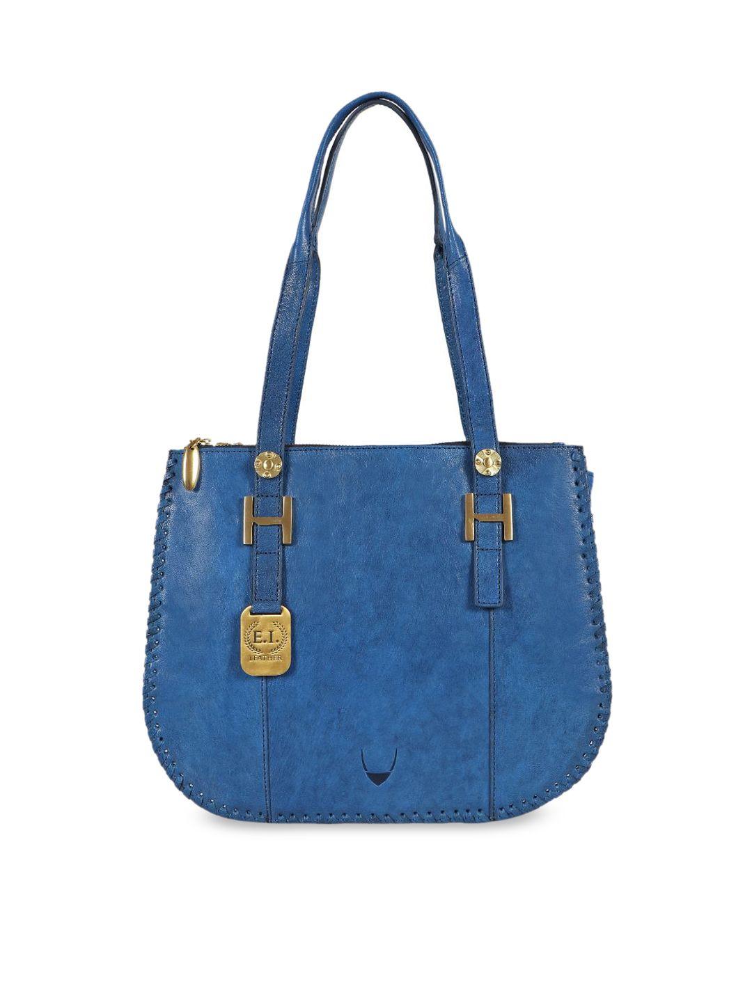 hidesign blue leather structured shoulder bag with applique