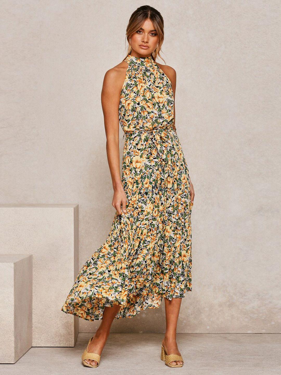 bostreet yellow & green floral halter neck maxi dress