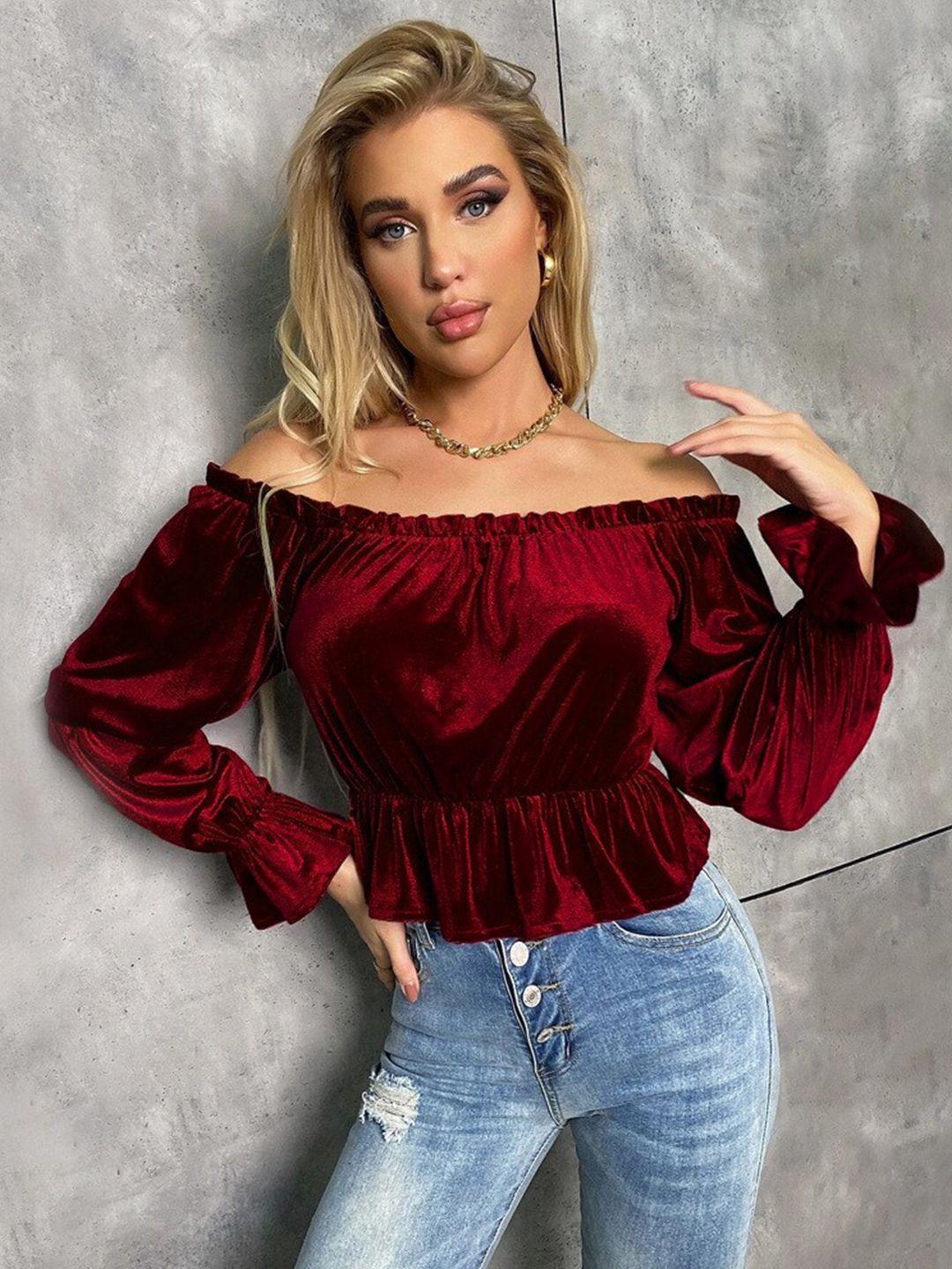 bostreet maroon off-shoulder ruffles velvet bardot top