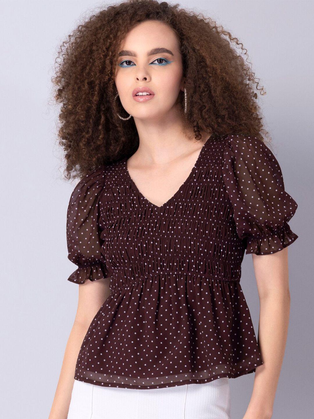 faballey women maroon polka dotprint georgette puff sleeve smocked top