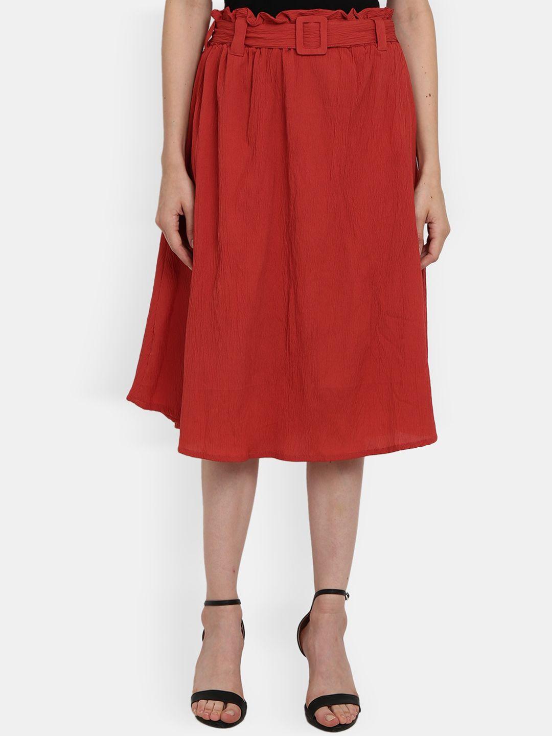 v-mart women red western solid georgette midi  skirt