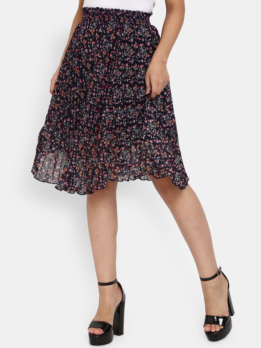 v-mart navy blue floral printed georgette flared skirt