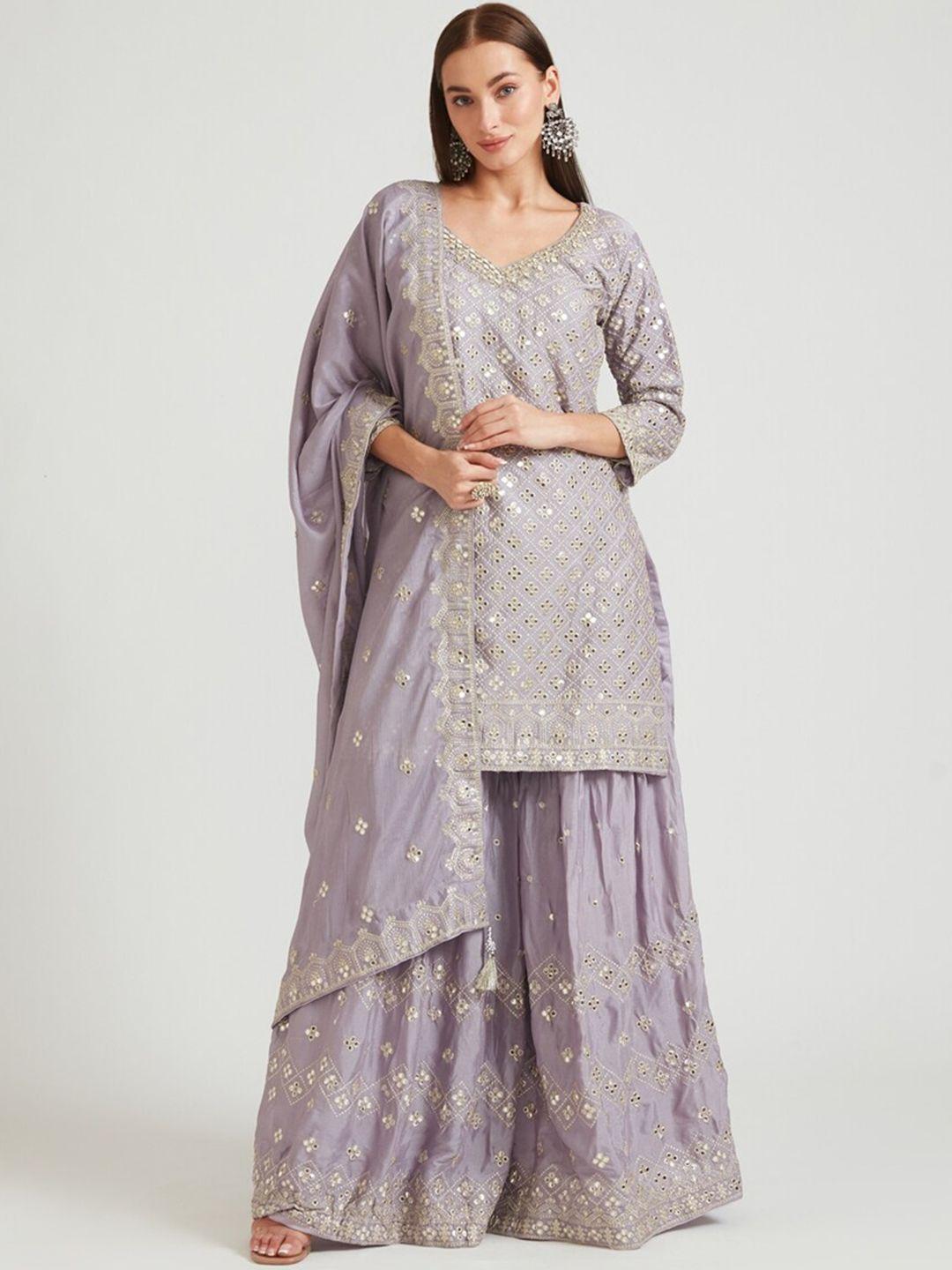 neerus women lavender ethnic motifs embroidered mirror work kurti with sharara & with dupatta