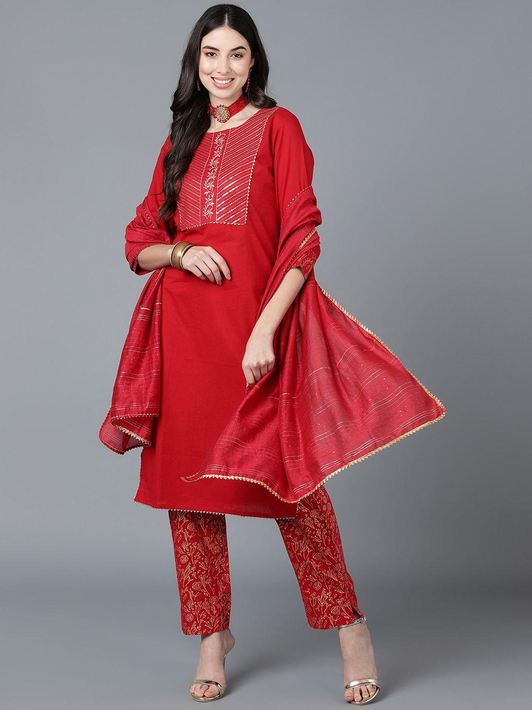 ahika women red yoke design pure cotton kurta with trousers & dupatta