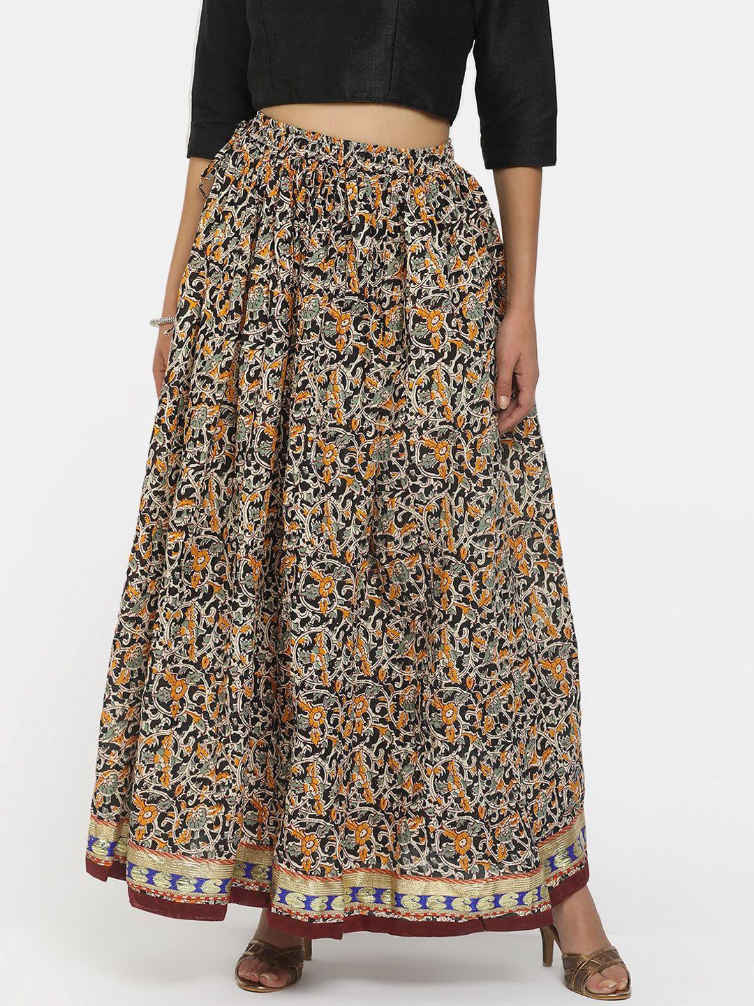 v-mart women black & yellow printed flared maxi skirt