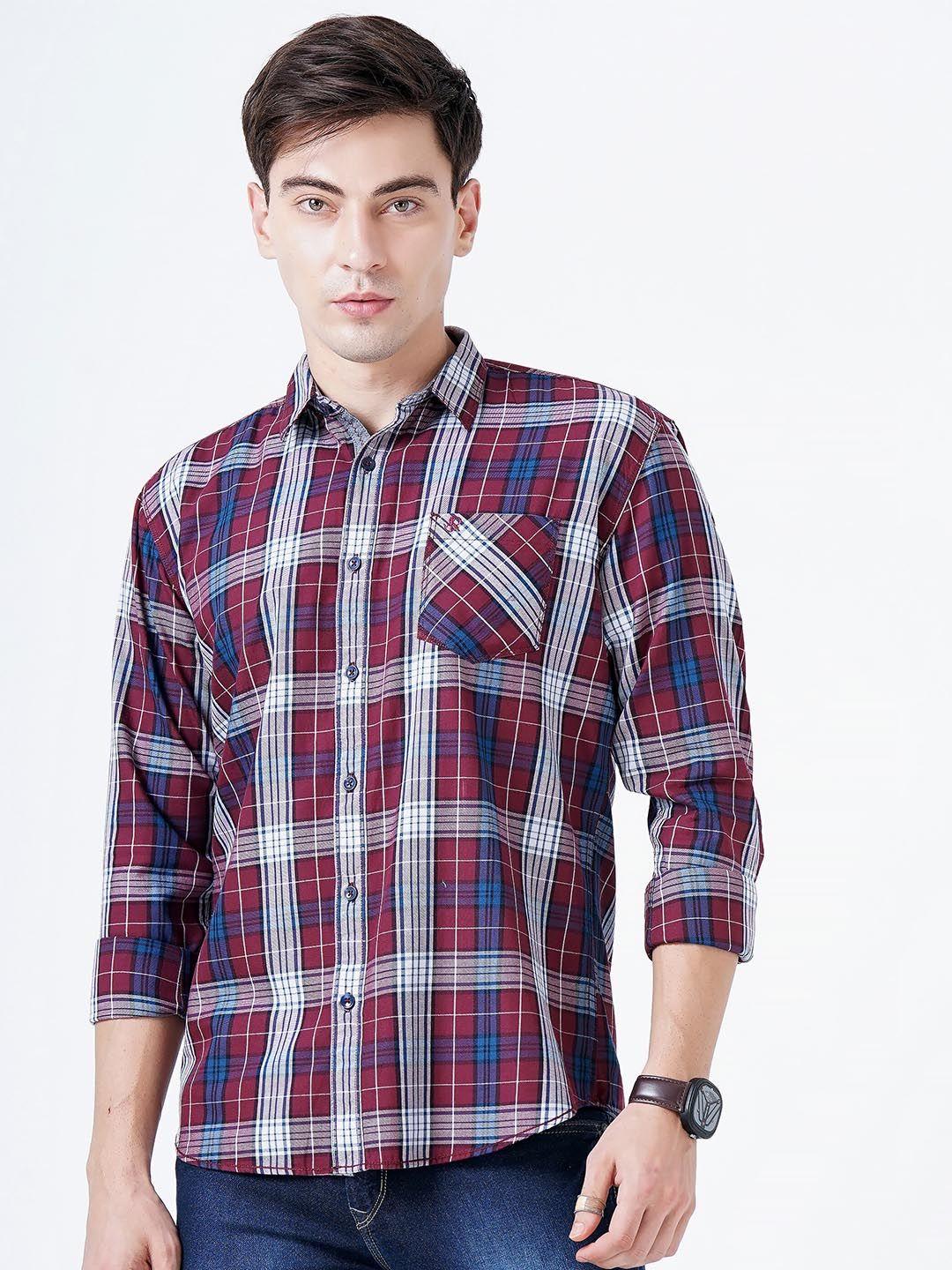 soratia men maroon slim fit tartan checks checked casual shirt