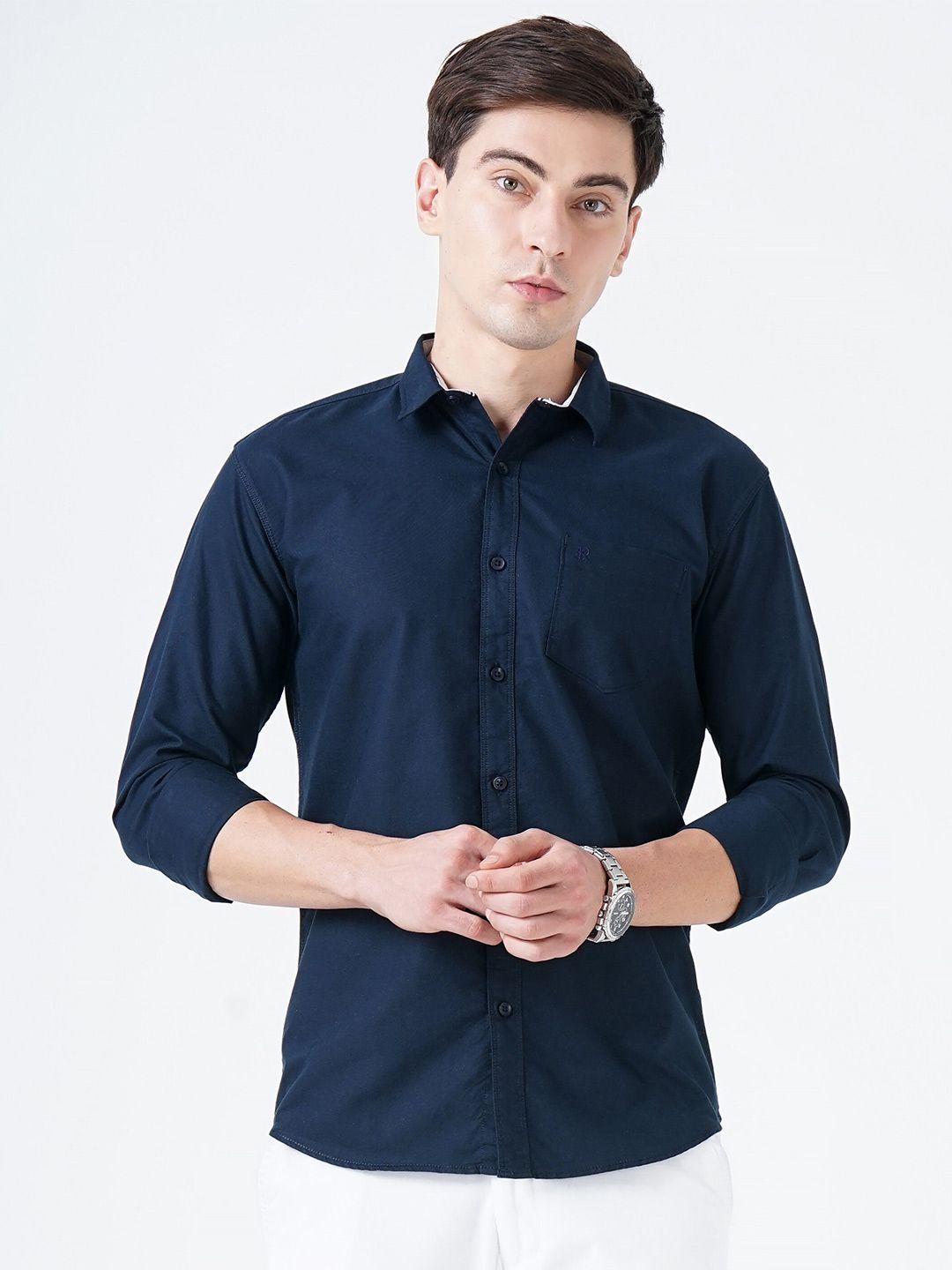 soratia men solid navy blue slim fit casual shirt