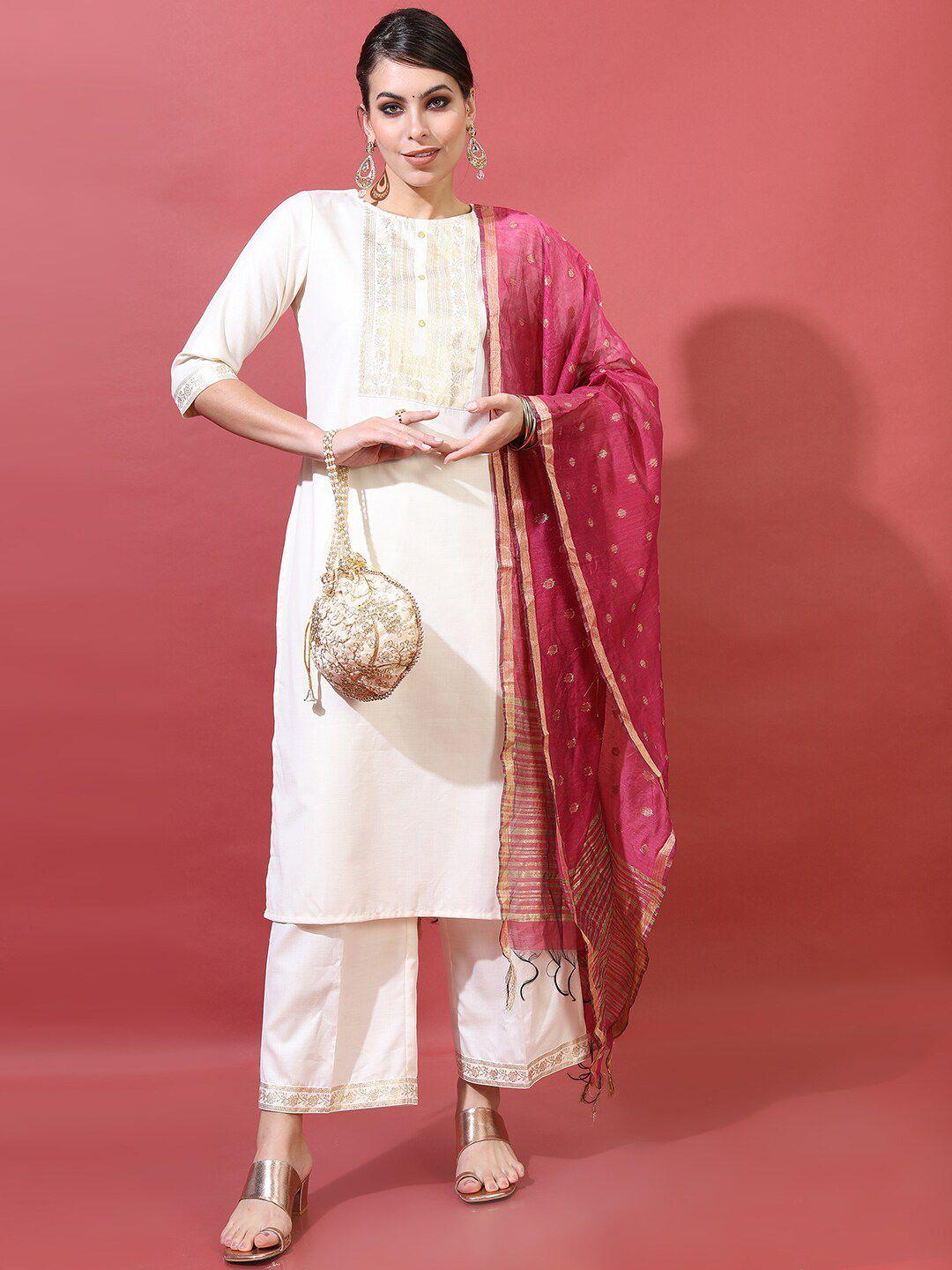 vishudh women cream printed straight kurta with trousers & dupatta