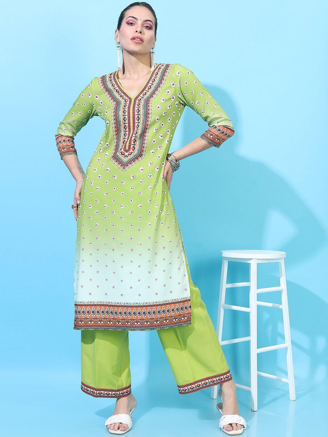 vishudh women green ethnic motifs printed straight kurta with palazzo