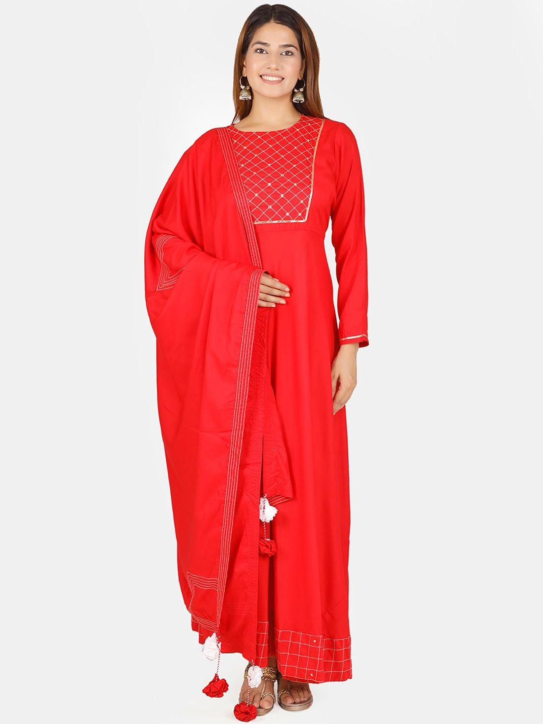 thread & button women red ethnic motifs embroidered kurta with palazzos & with dupatta