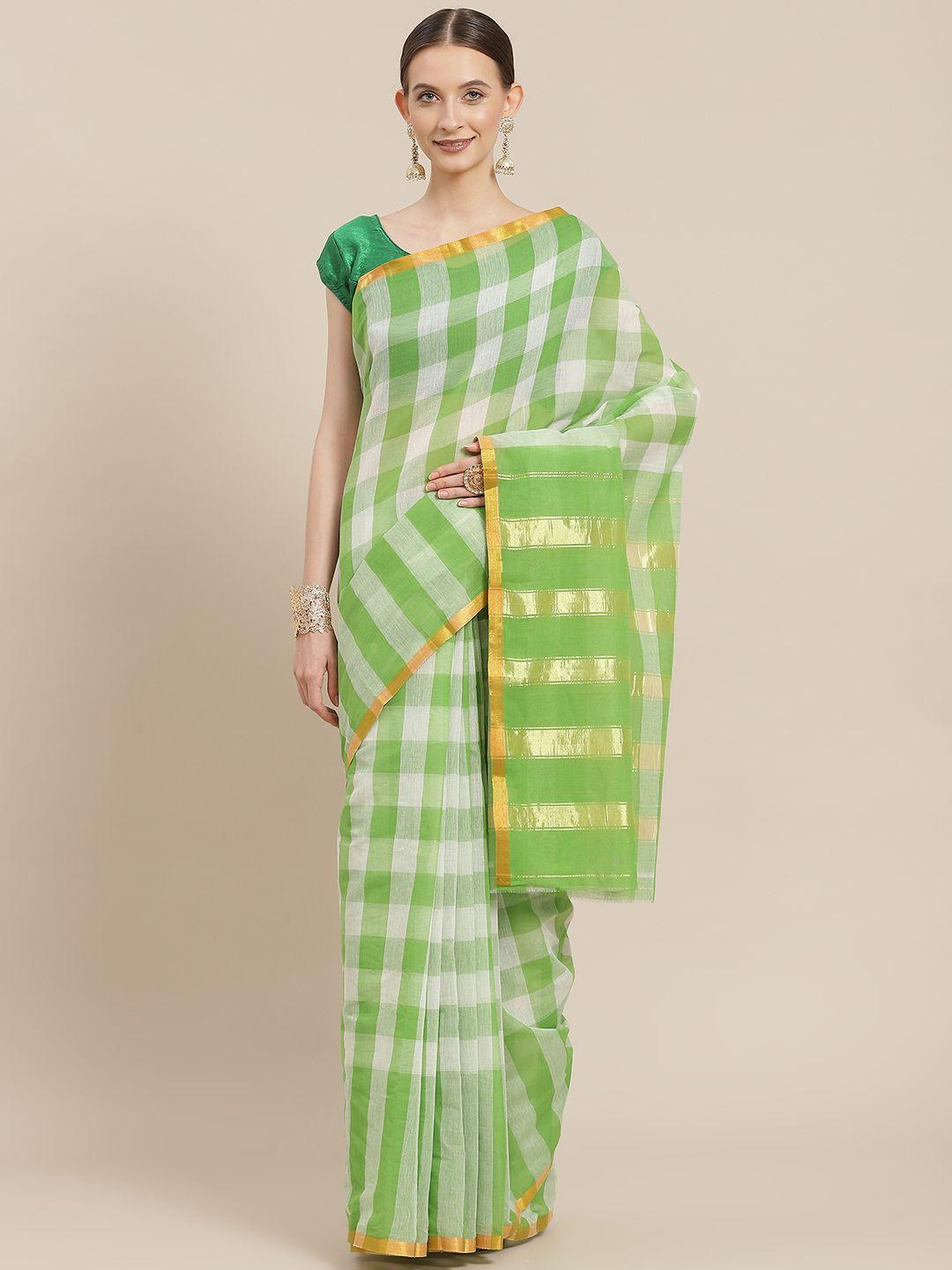 ishin green & white checked zari saree