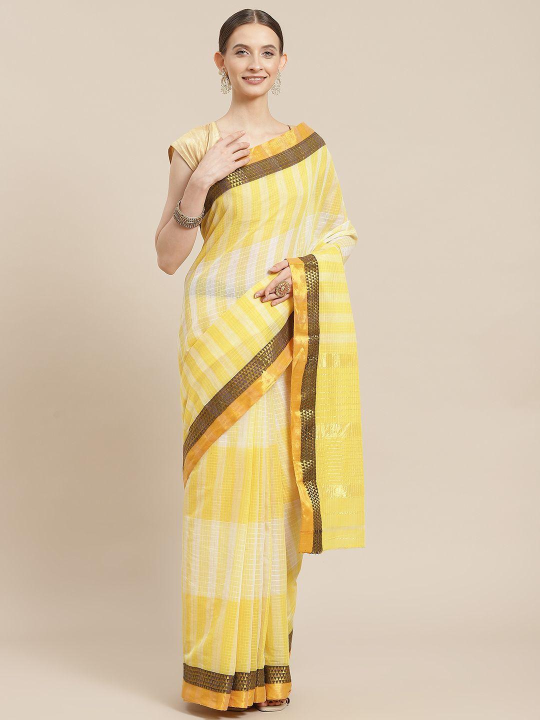 ishin yellow checked zari saree