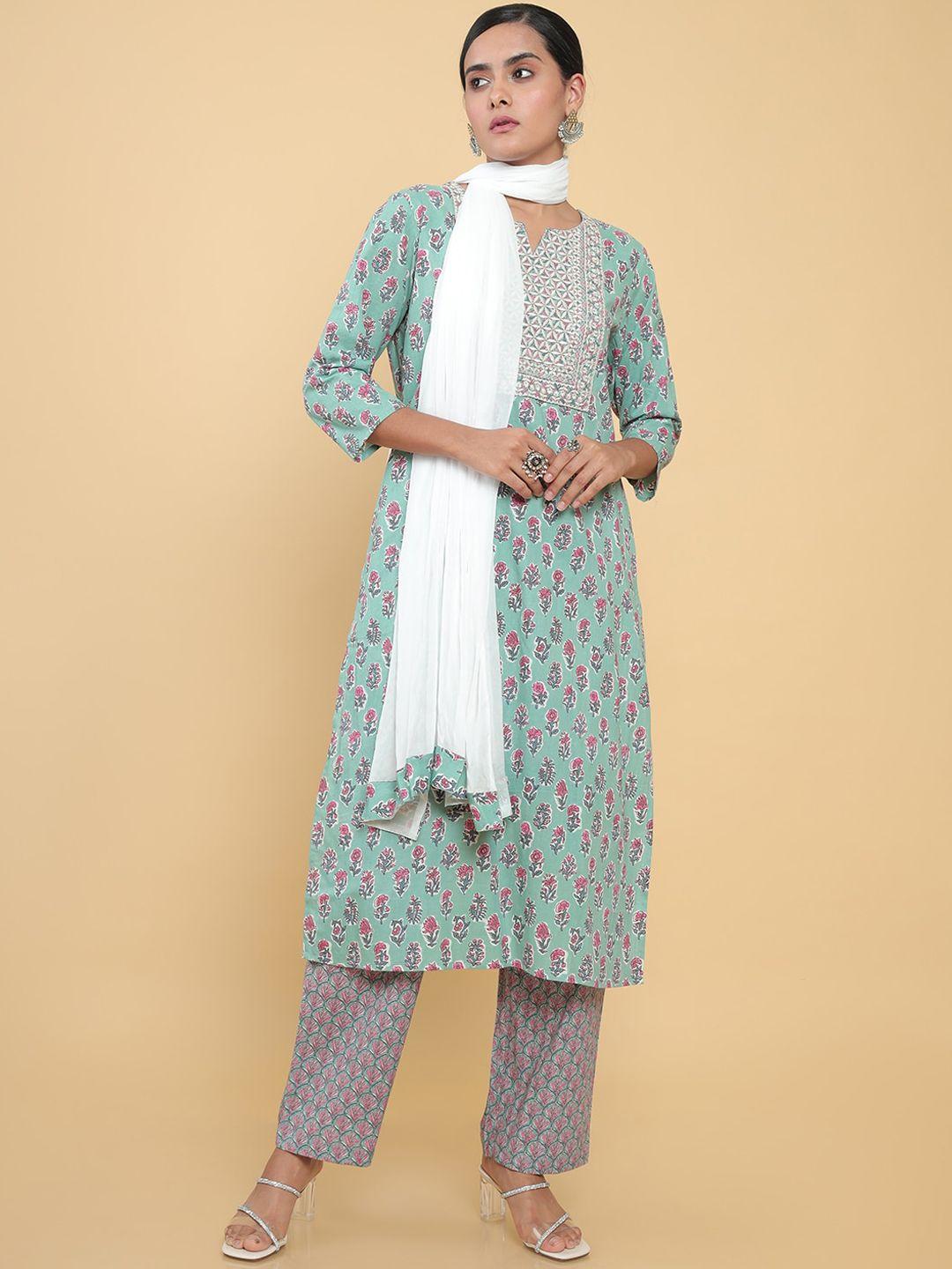 soch women green ethnic motifs printed thread work pure cotton kurta set