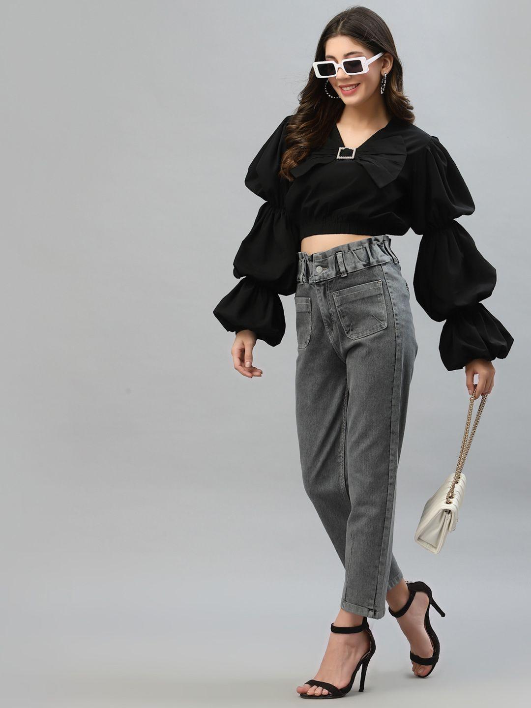 kassually women black solid blouson crop top