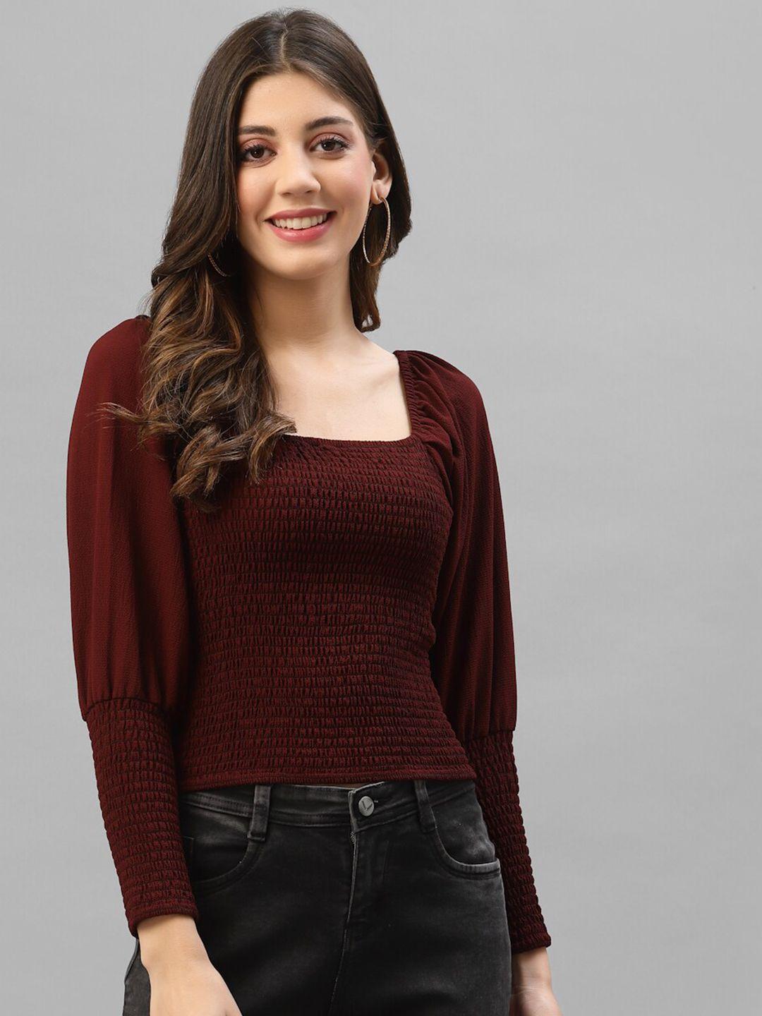 kassually women maroon  puff sleeves smocked fitted crop top