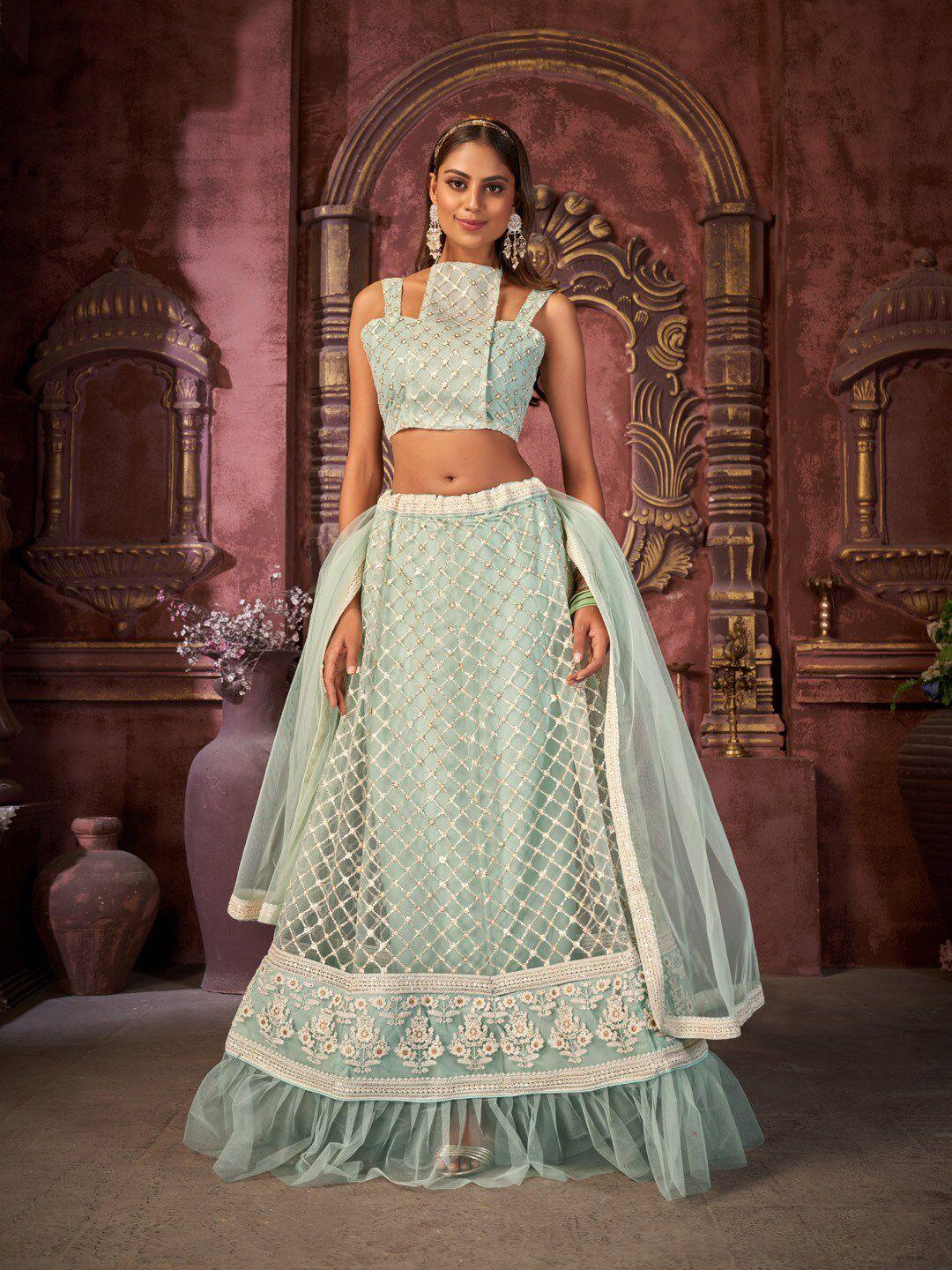 pandadi saree blue & white embroidered sequinned unstitched lehenga & semi-stitched blouse with dupatta