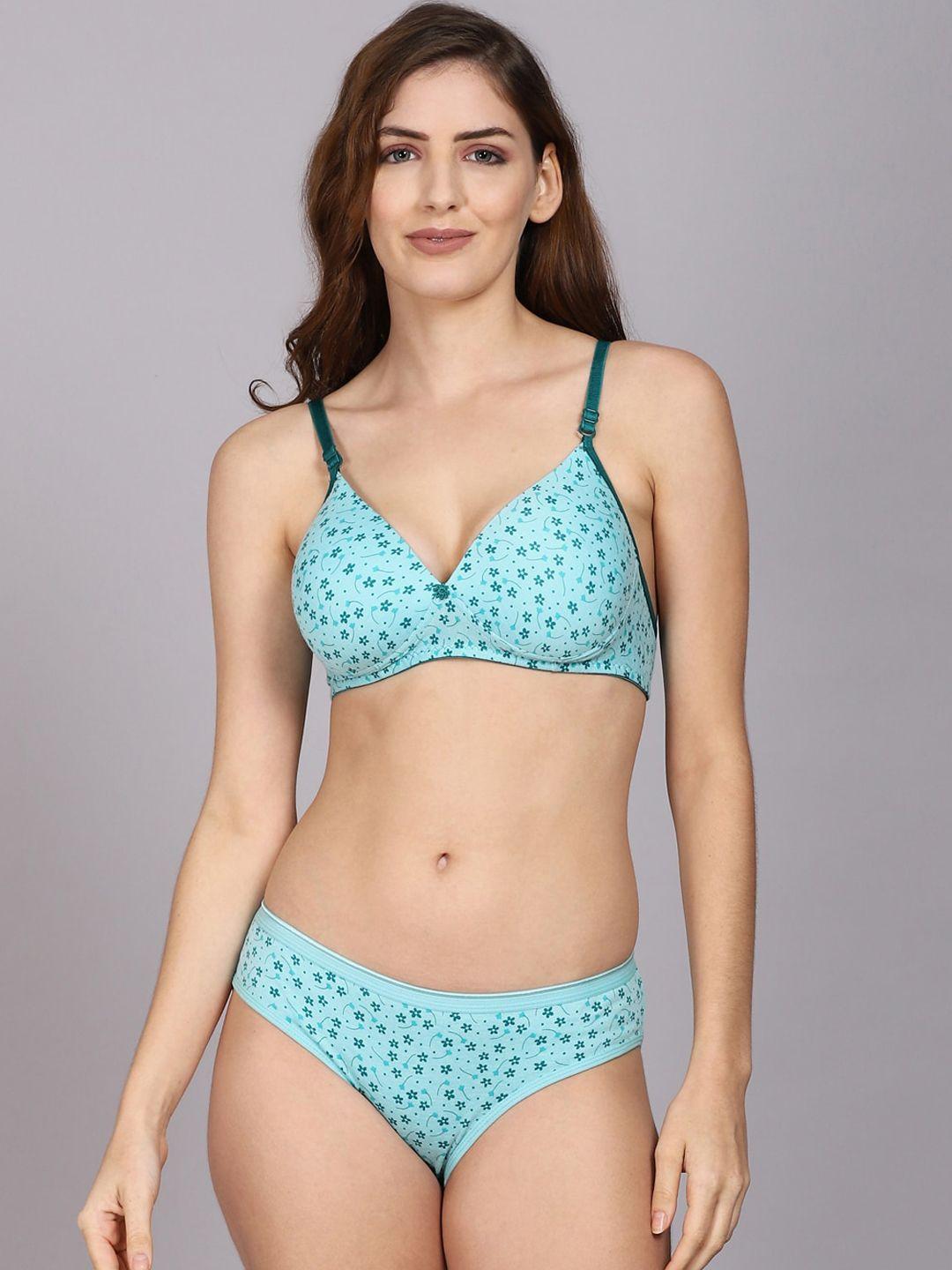 prettycat women blue & green printed cotton lingerie set