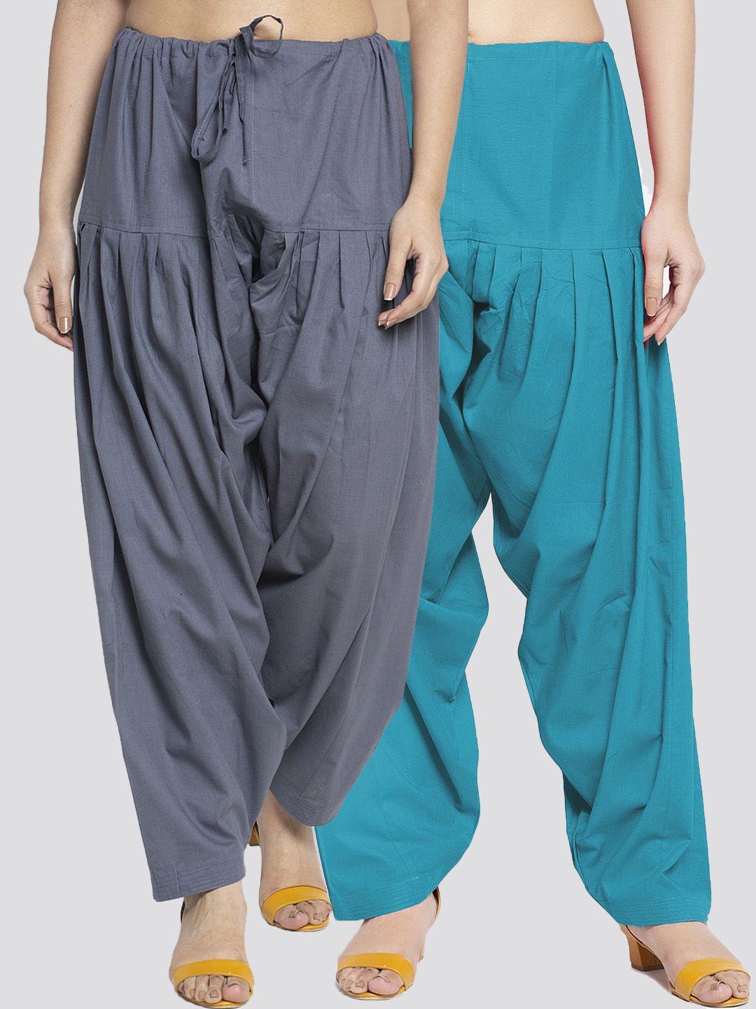 gracit women pack of 2 grey & blue solid loose fit cotton salwars