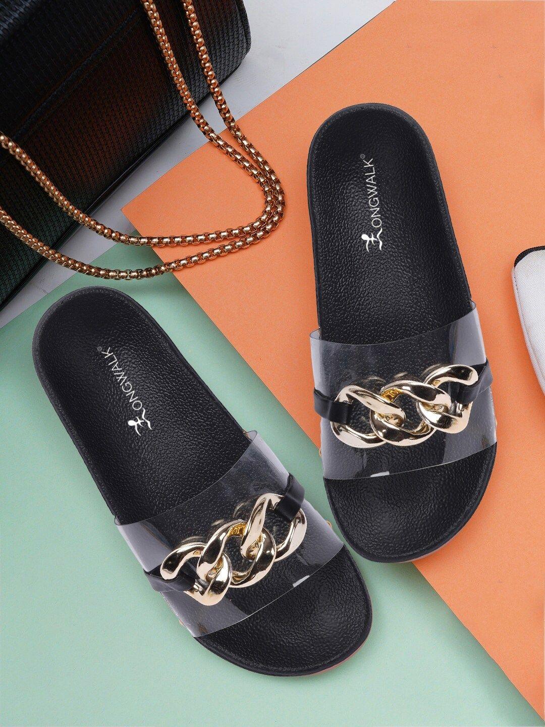 longwalk black & gold-toned embellished flatform sandals