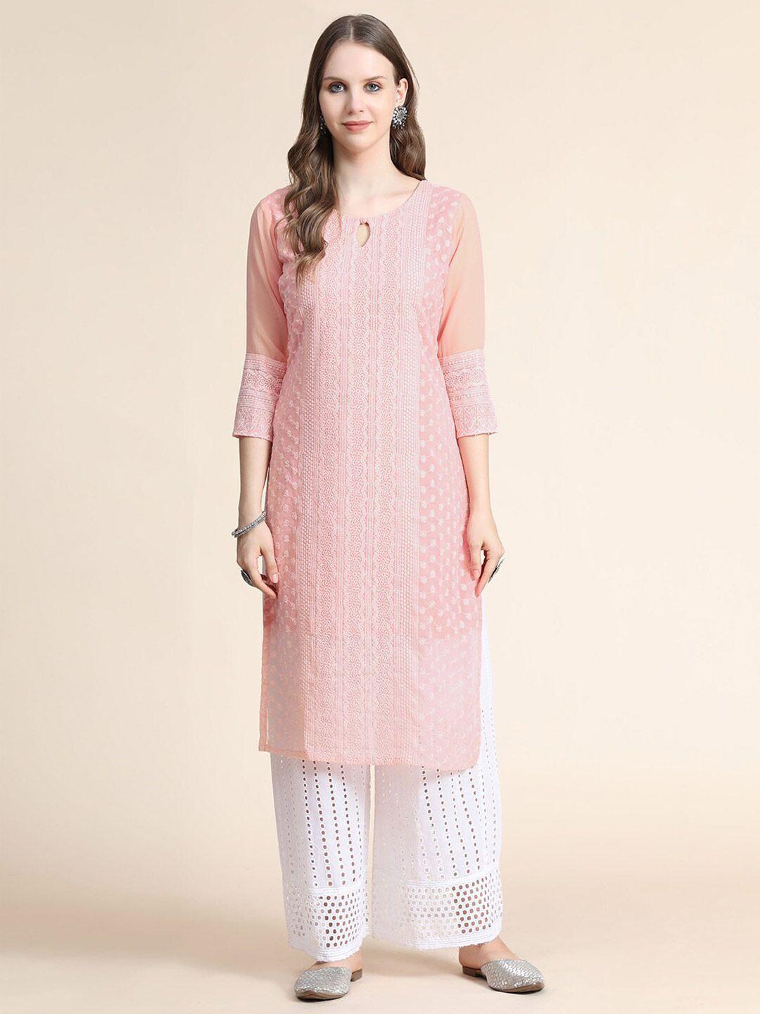 kalini women peach-coloured geometric embroidered georgette kurta