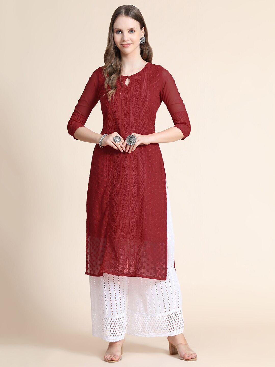 kalini women red floral embroidered keyhole neck thread work georgette kurta