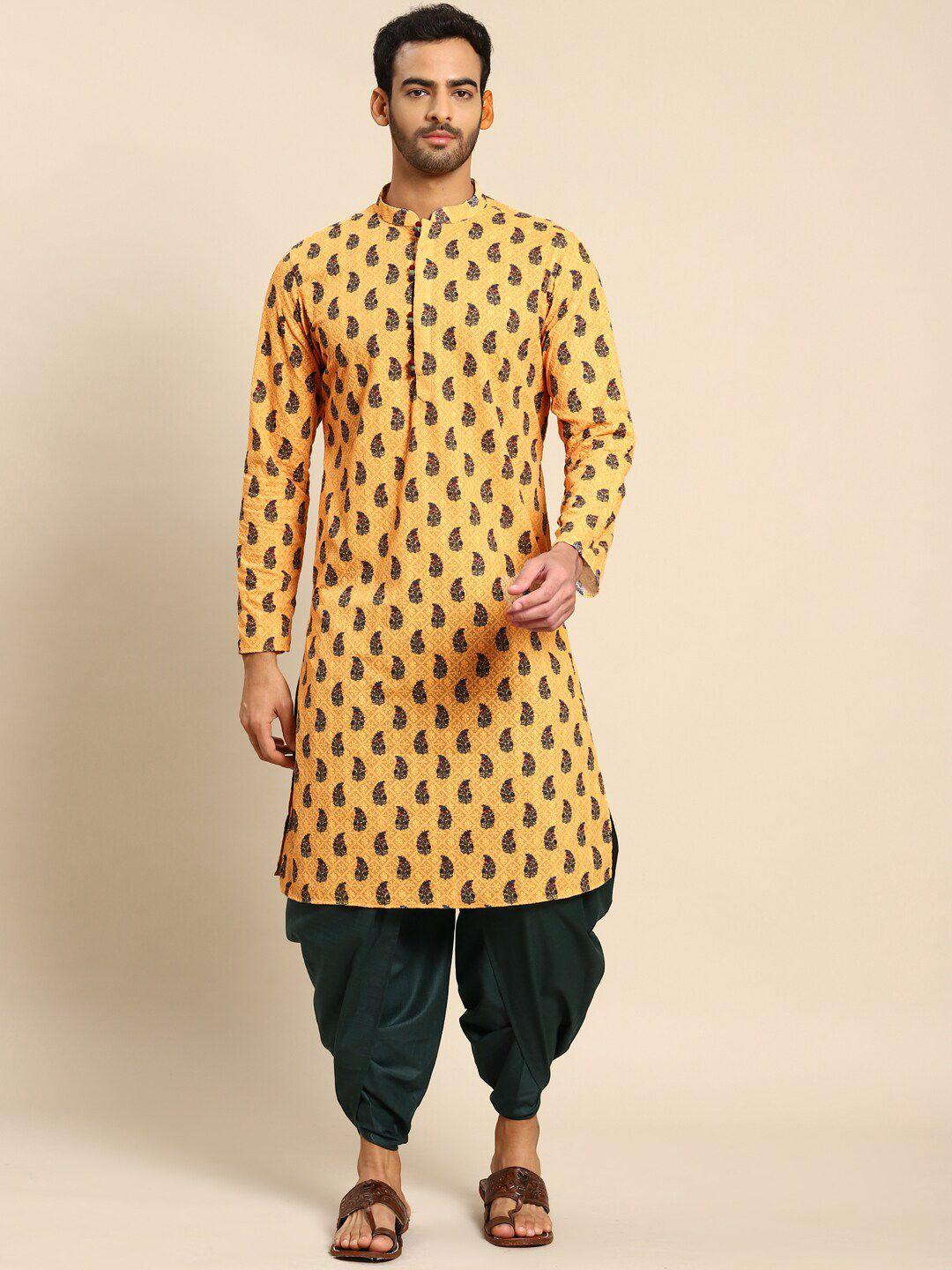 kisah men yellow ethnic motifs printed kurta