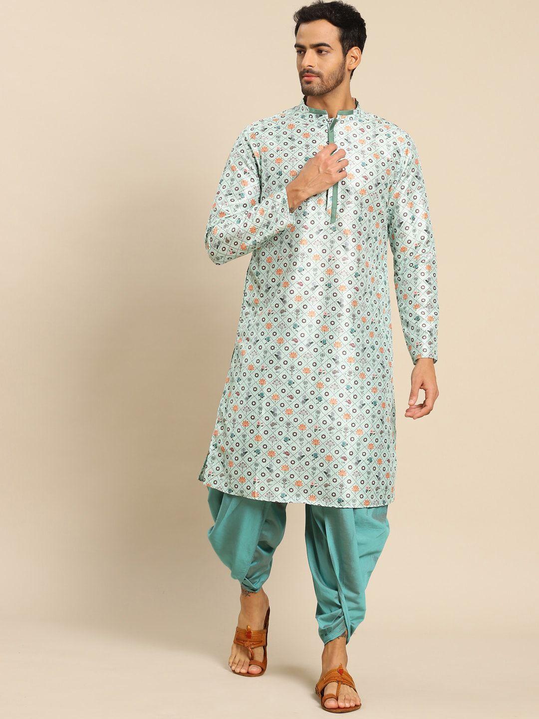 kisah men mint green floral printed kurta